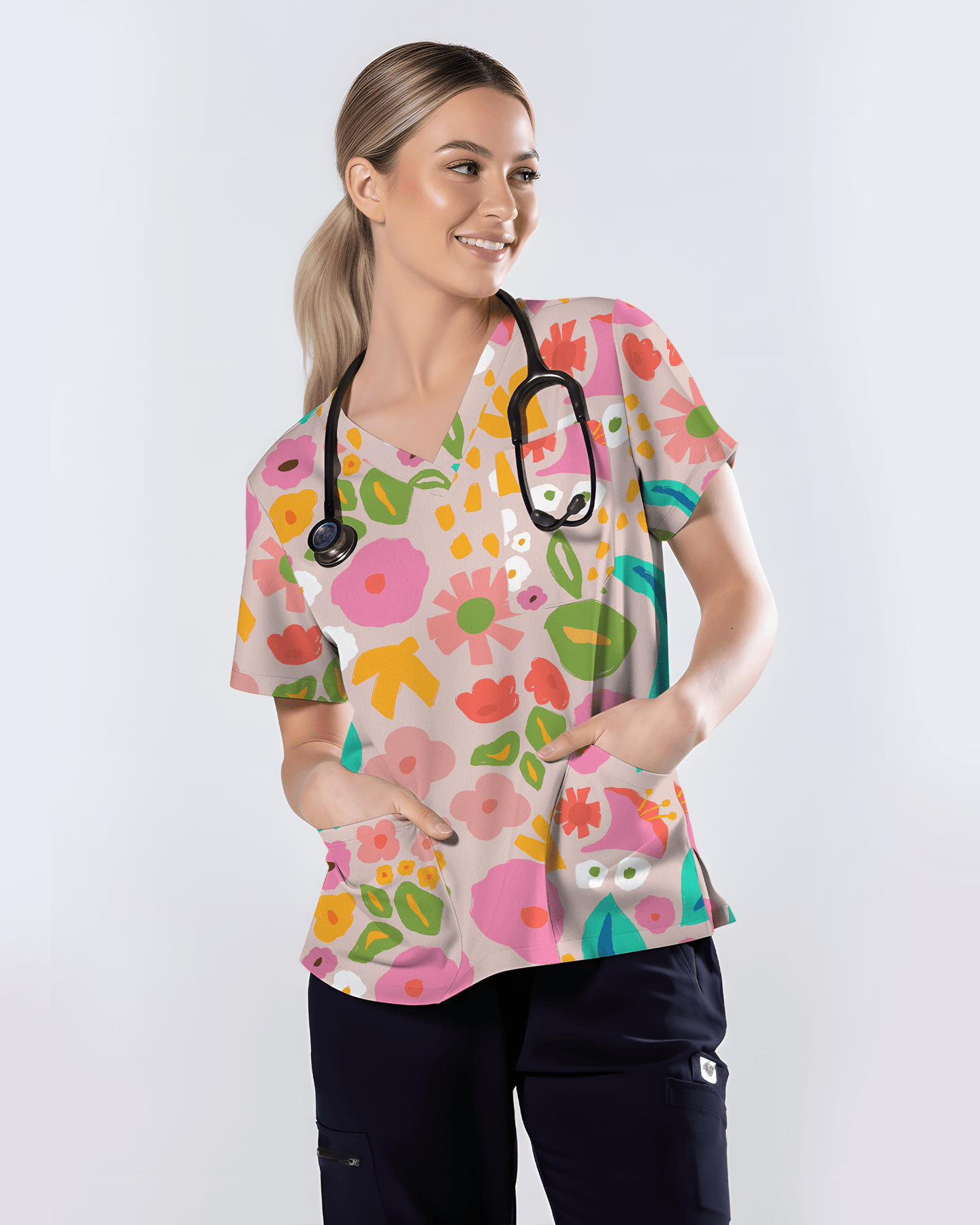 Abstract Garden Floral Harmony Women Scrub Top - Scrubloop