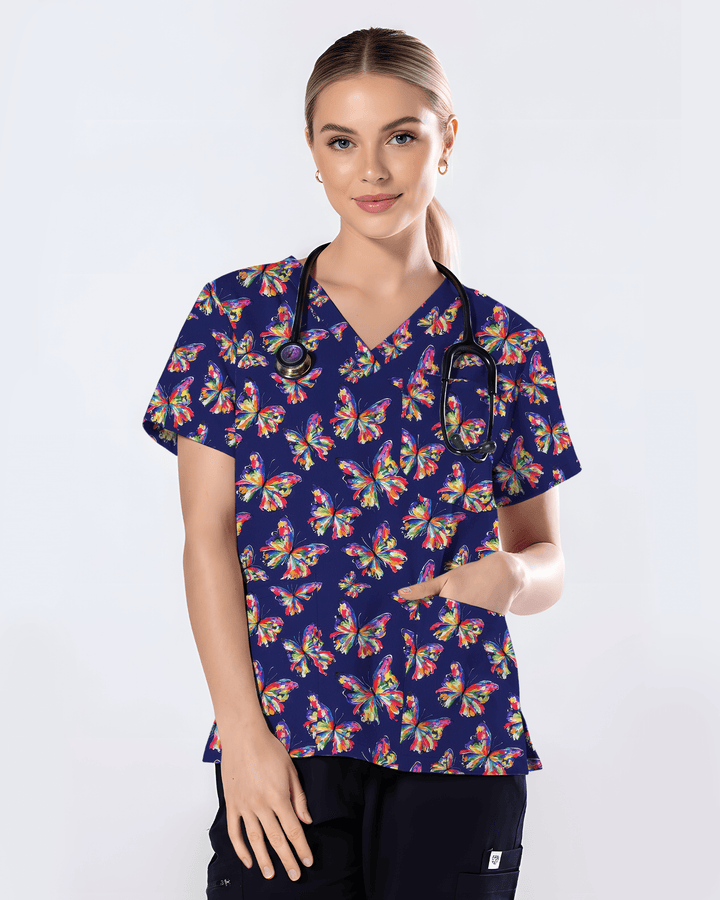 Abstract Oil Paint Butterfly Nurse Scrub Top