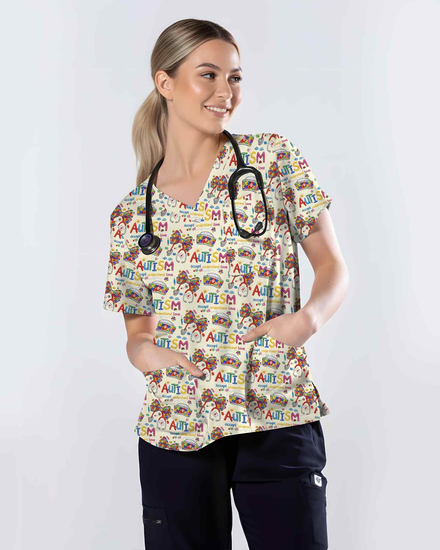 Accept Understand Love Autism Medical Scrub Top - Scrubloop
