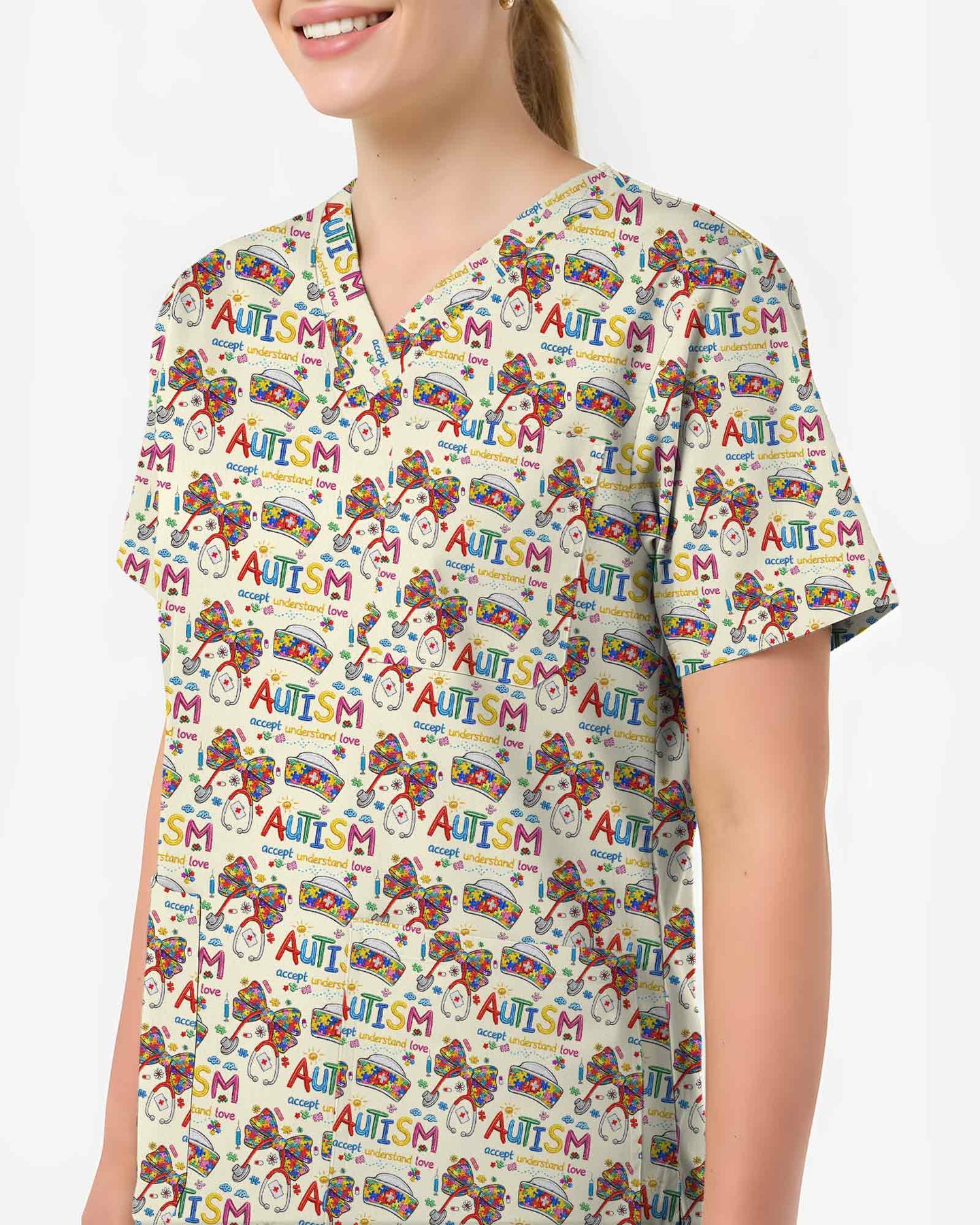 Accept Understand Love Autism Medical Scrub Top - Scrubloop