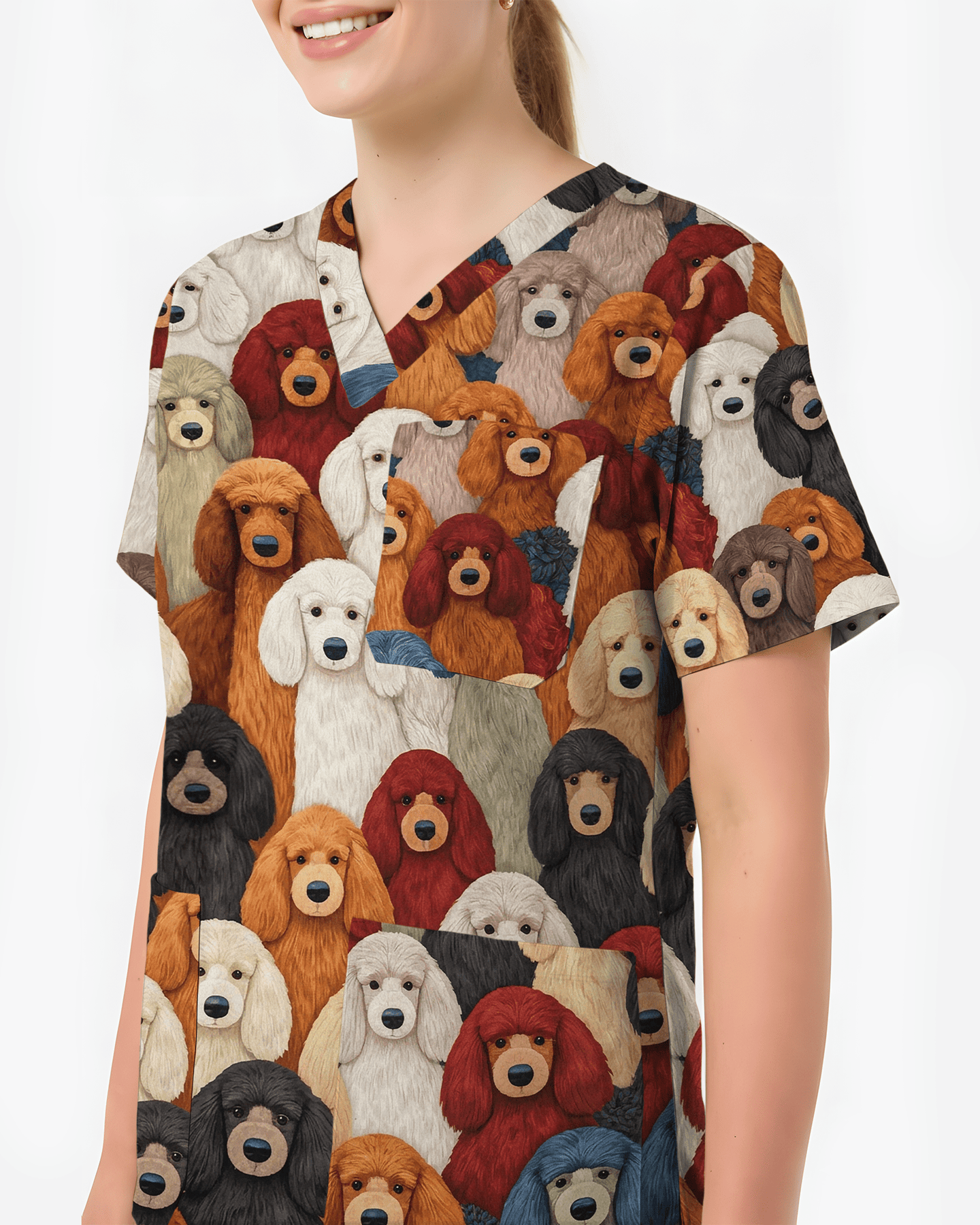 Adorable Colorful Poodles All Over Medical Scrub Top - Scrubloop