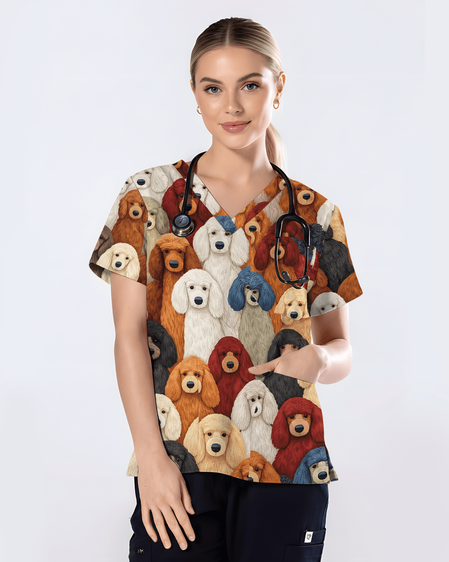 Adorable Colorful Poodles All Over Medical Scrub Top - Scrubloop