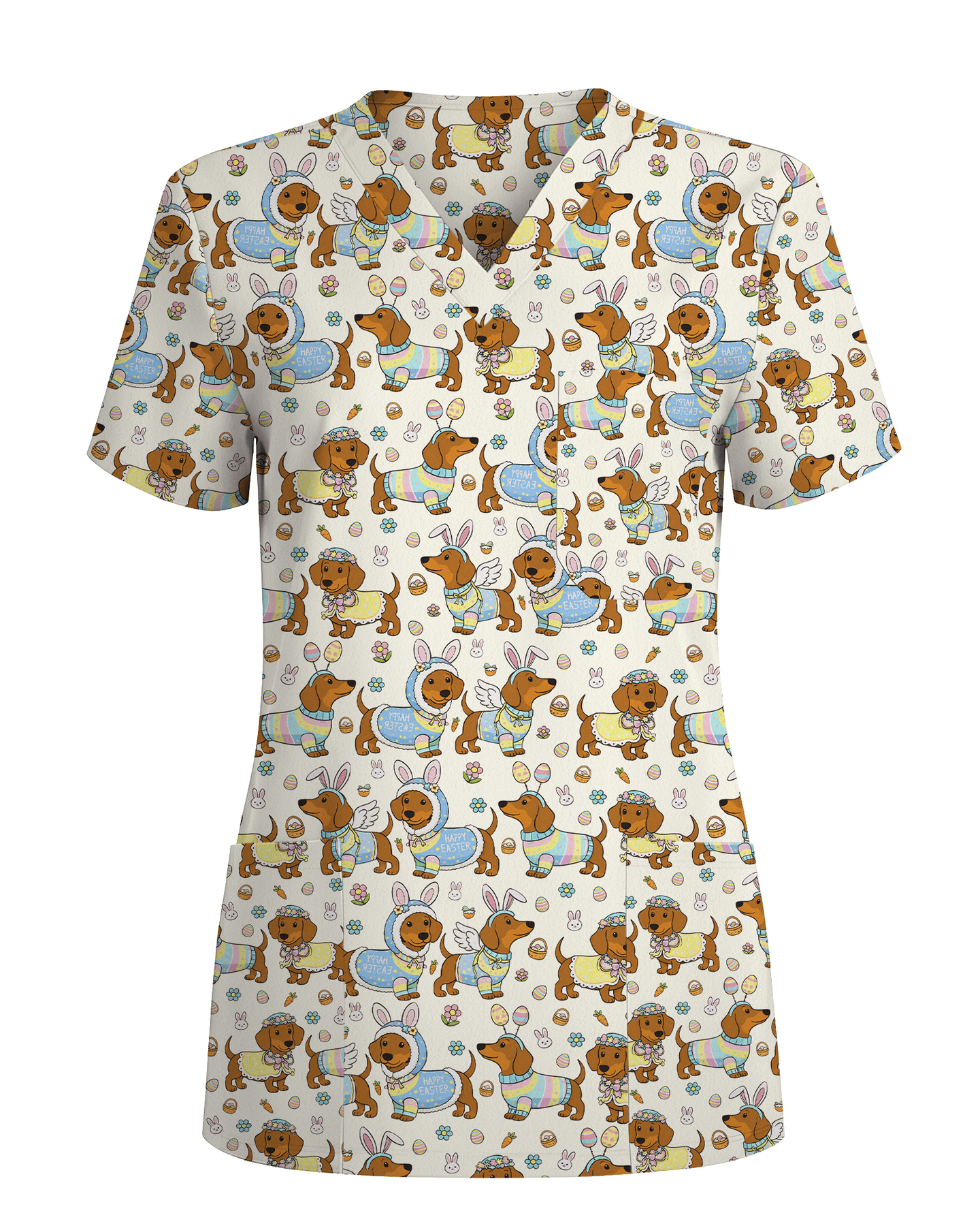 Adorable Easter Dachshund Costume Nurse Scrub Top - Scrubloop
