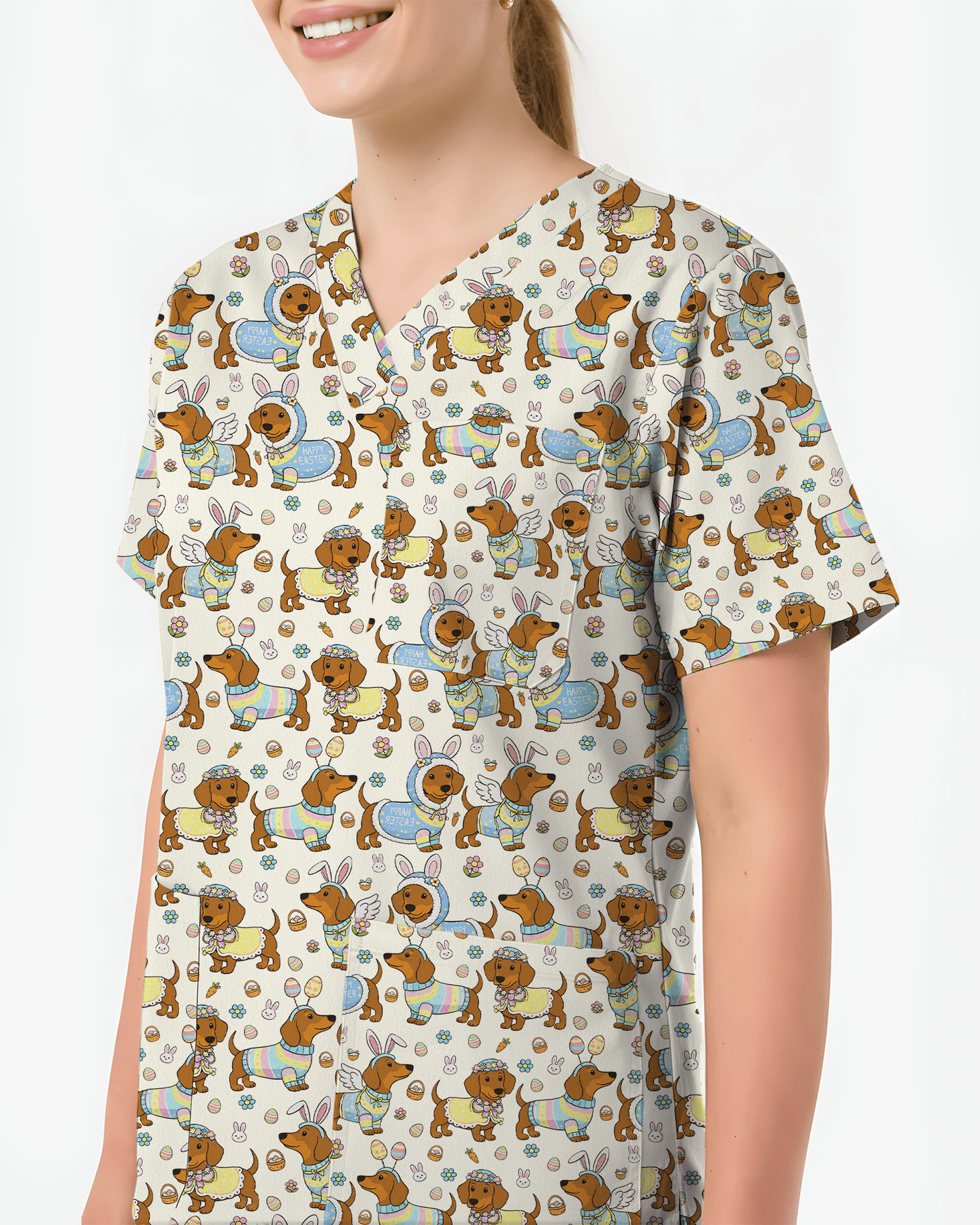 Adorable Easter Dachshund Costume Nurse Scrub Top - Scrubloop
