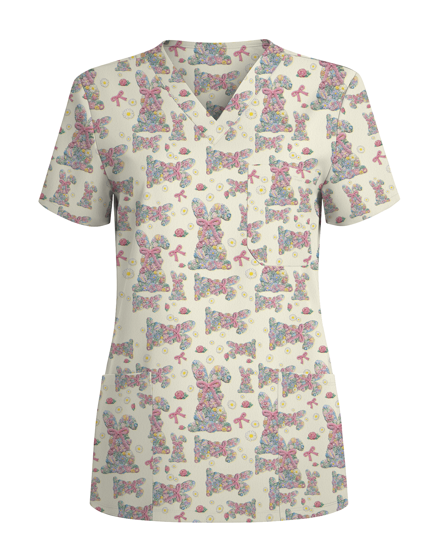 Adorable Flower Field Easter Bunny Medical Scrub Top - Scrubloop