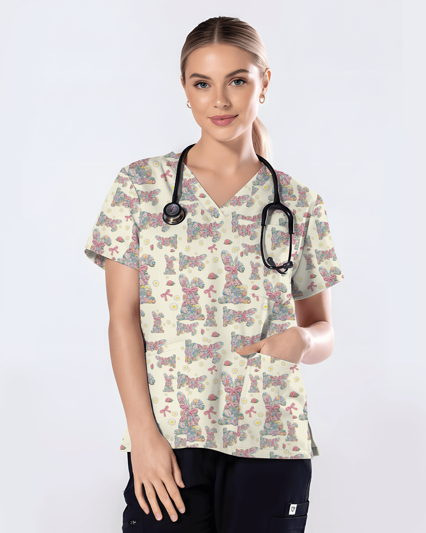 Adorable Flower Field Easter Bunny Medical Scrub Top - Scrubloop