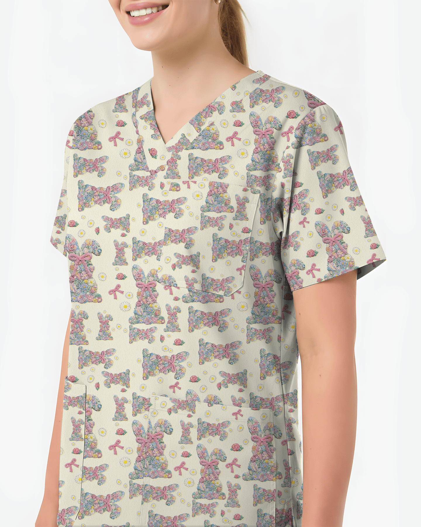 Adorable Flower Field Easter Bunny Medical Scrub Top - Scrubloop