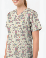 Adorable Flower Field Easter Bunny Medical Scrub Top - Scrubloop