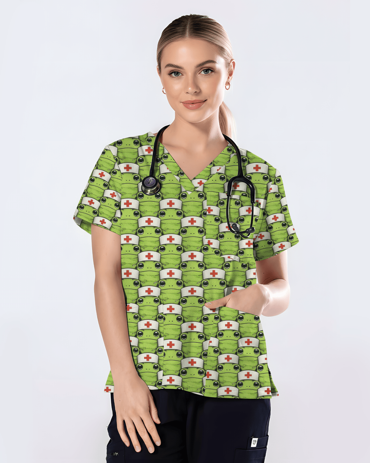 Adorable Green Froggy Medical Scrub Top - Scrubloop