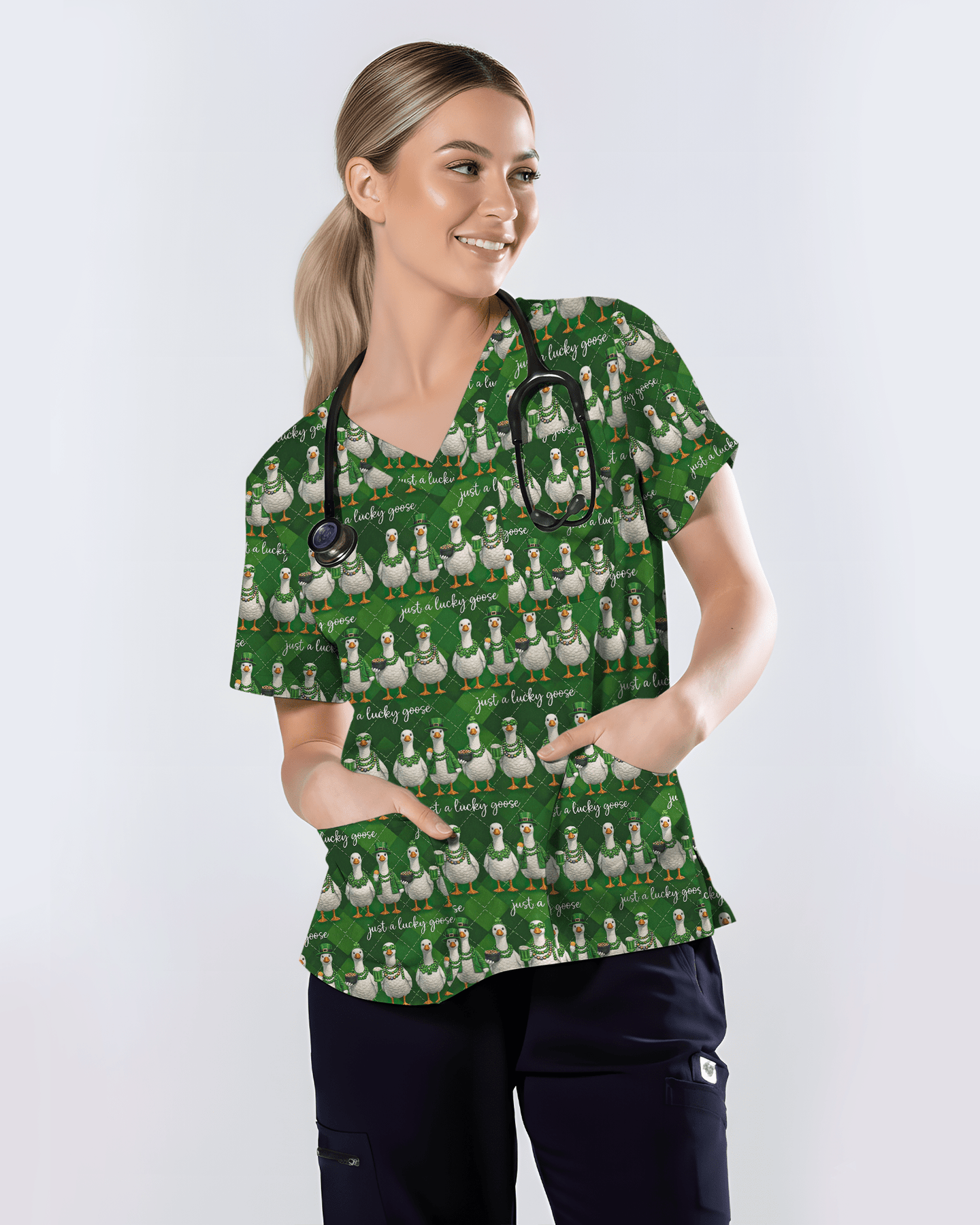 Adorable Just A Lucky Goose Medical Scrub Top - Scrubloop