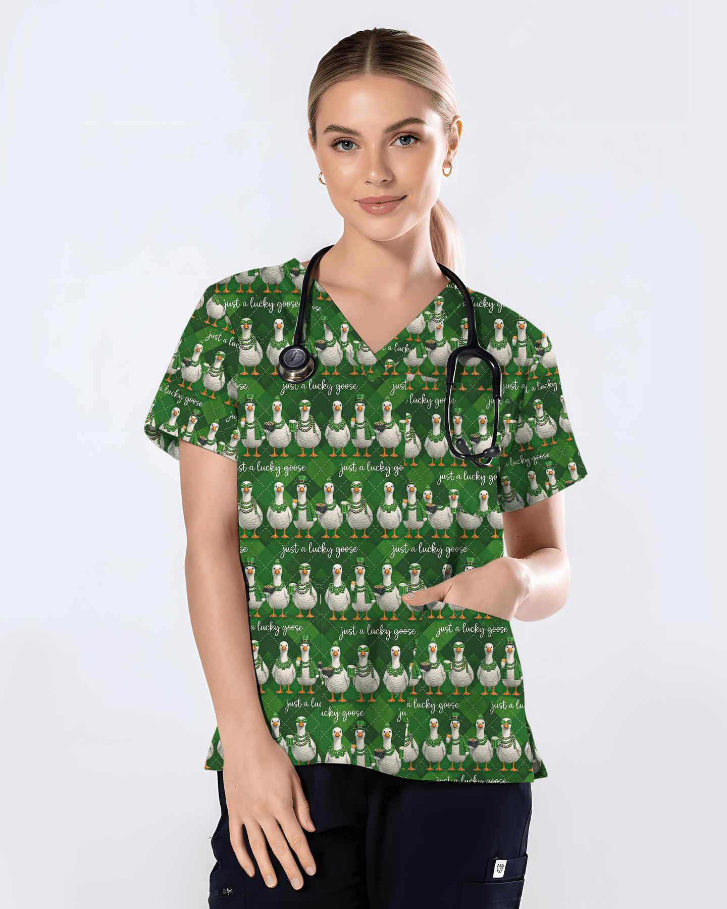 Adorable Just A Lucky Goose Medical Scrub Top - Scrubloop