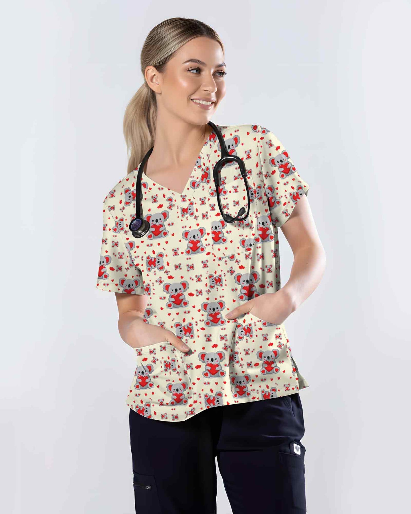 Adorable Koala Bear Heart Valentine Scrub Top - Scrubloop