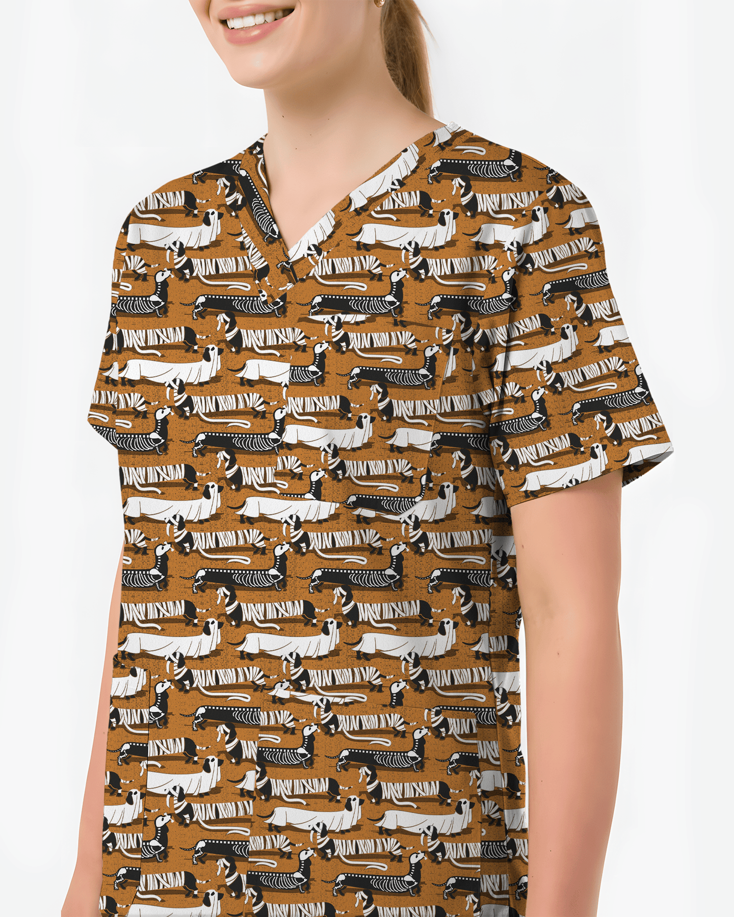 Adorable Mummy Wiener Dog Medical Scrub Top - Scrubloop