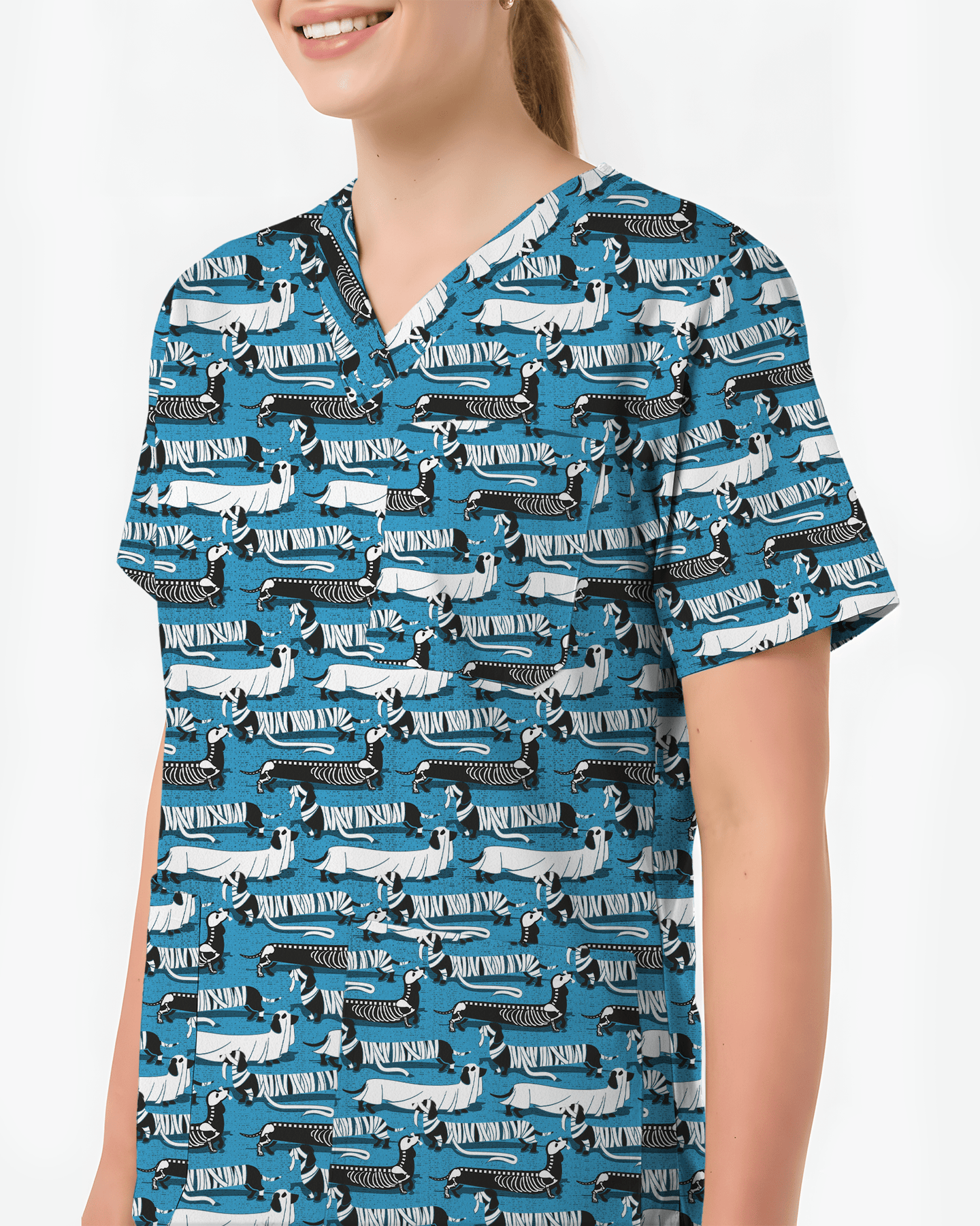 Adorable Mummy Wiener Dog Medical Scrub Top - Scrubloop
