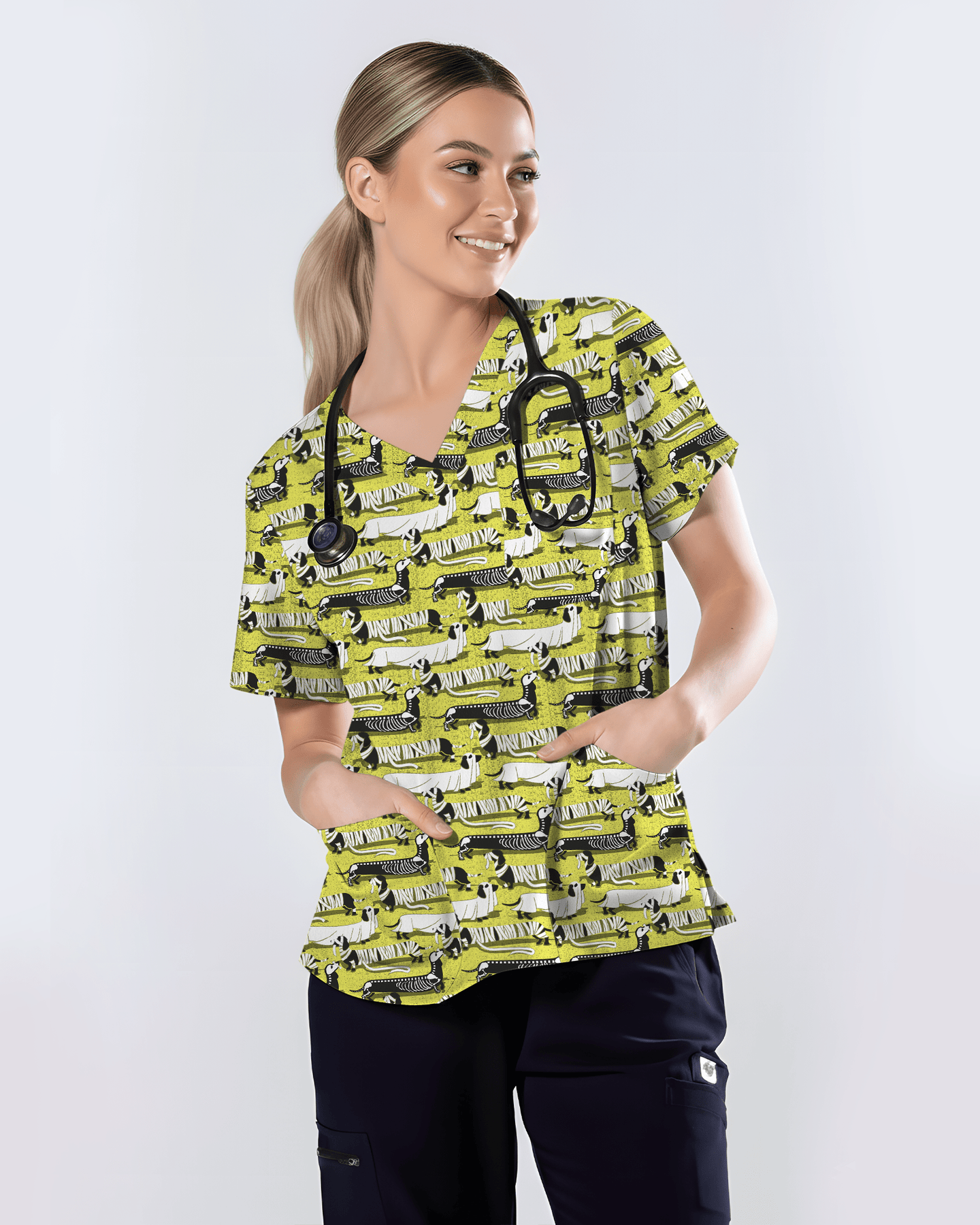 Adorable Mummy Wiener Dog Medical Scrub Top - Scrubloop