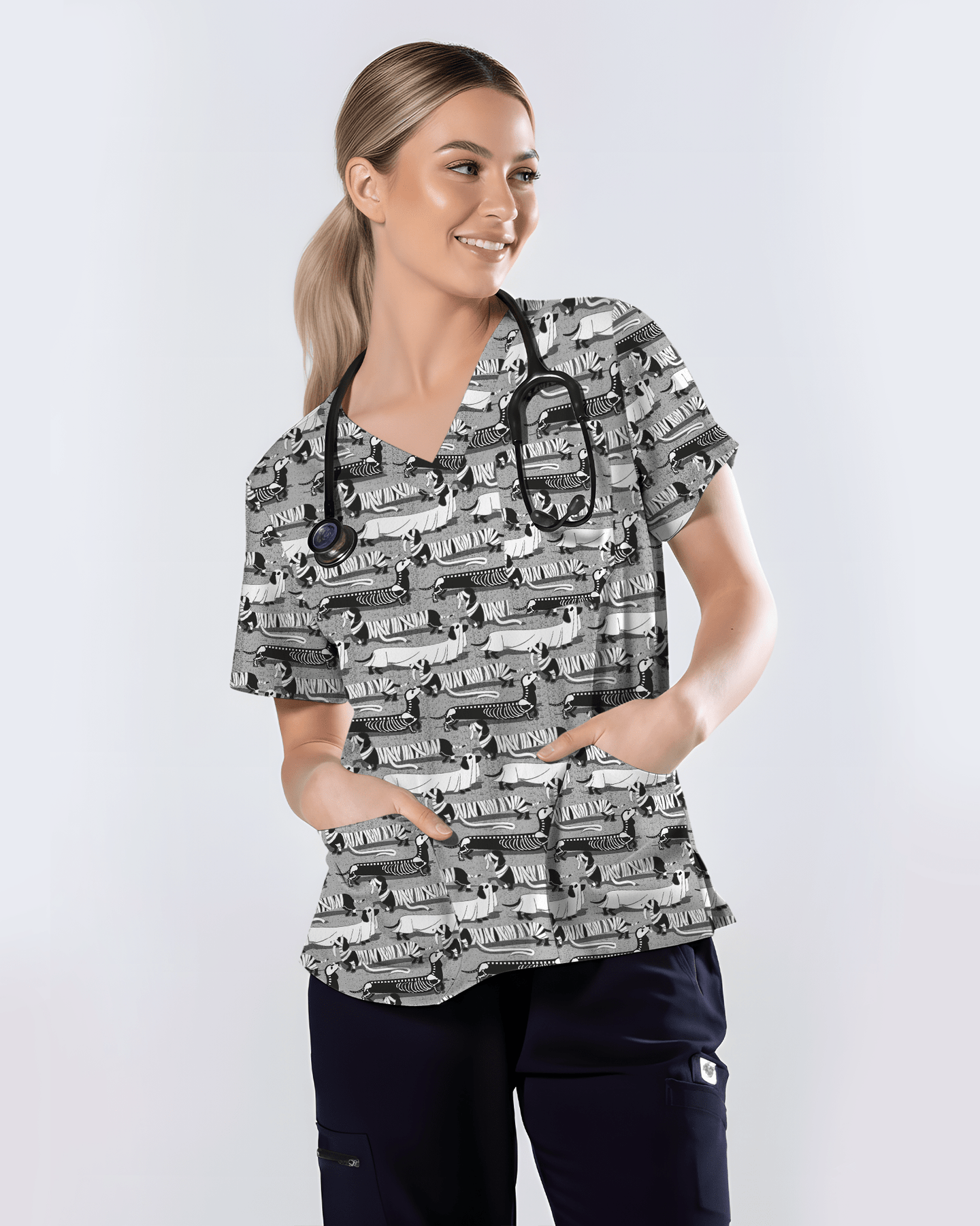 Adorable Mummy Wiener Dog Medical Scrub Top - Scrubloop