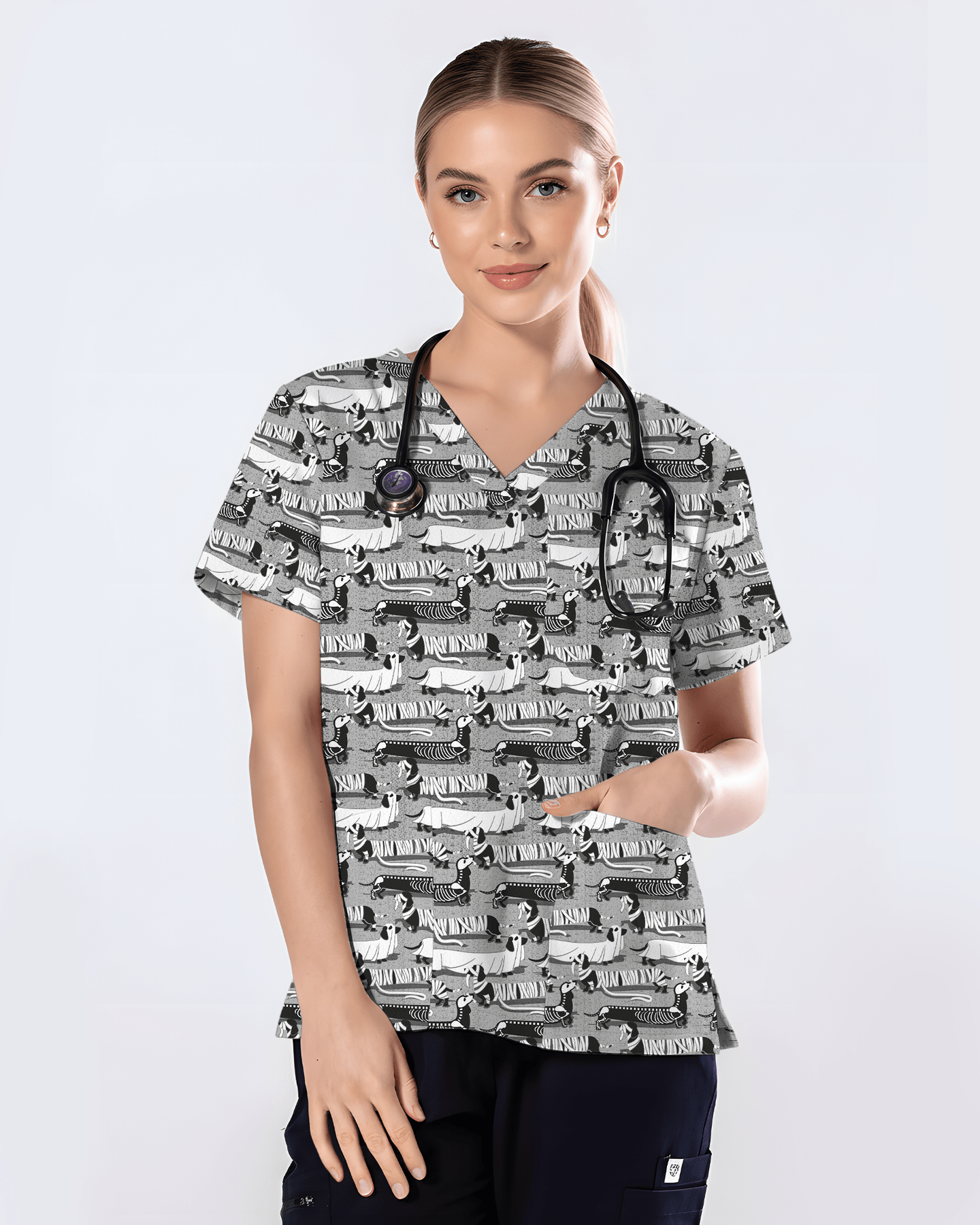 Adorable Mummy Wiener Dog Medical Scrub Top - Scrubloop