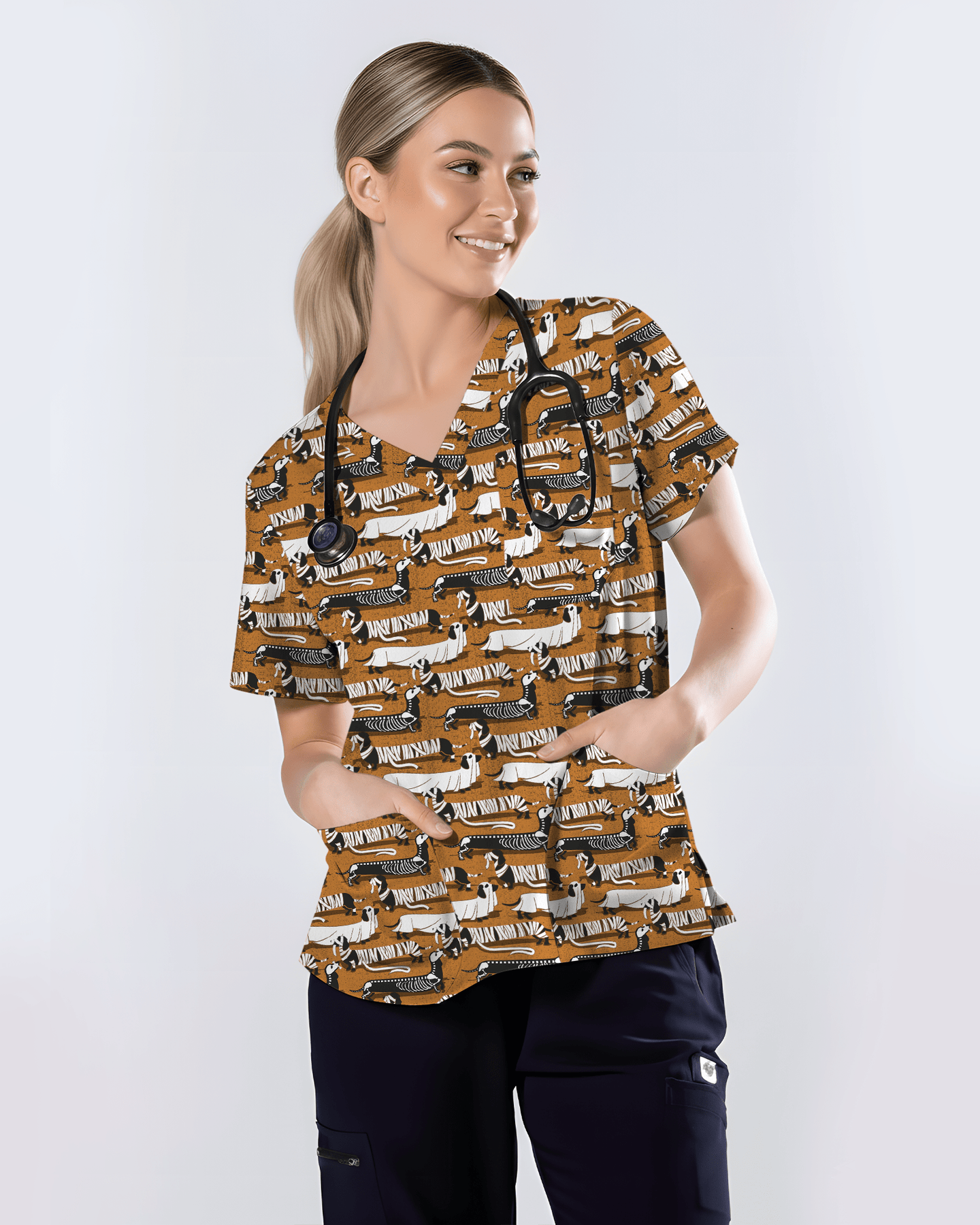 Adorable Mummy Wiener Dog Medical Scrub Top - Scrubloop