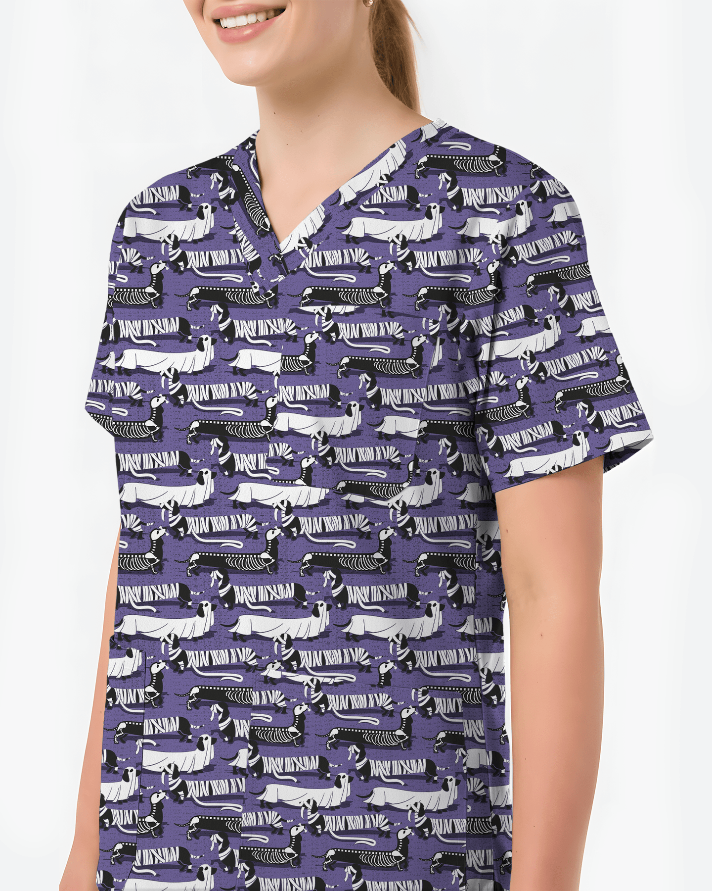 Adorable Mummy Wiener Dog Medical Scrub Top - Scrubloop