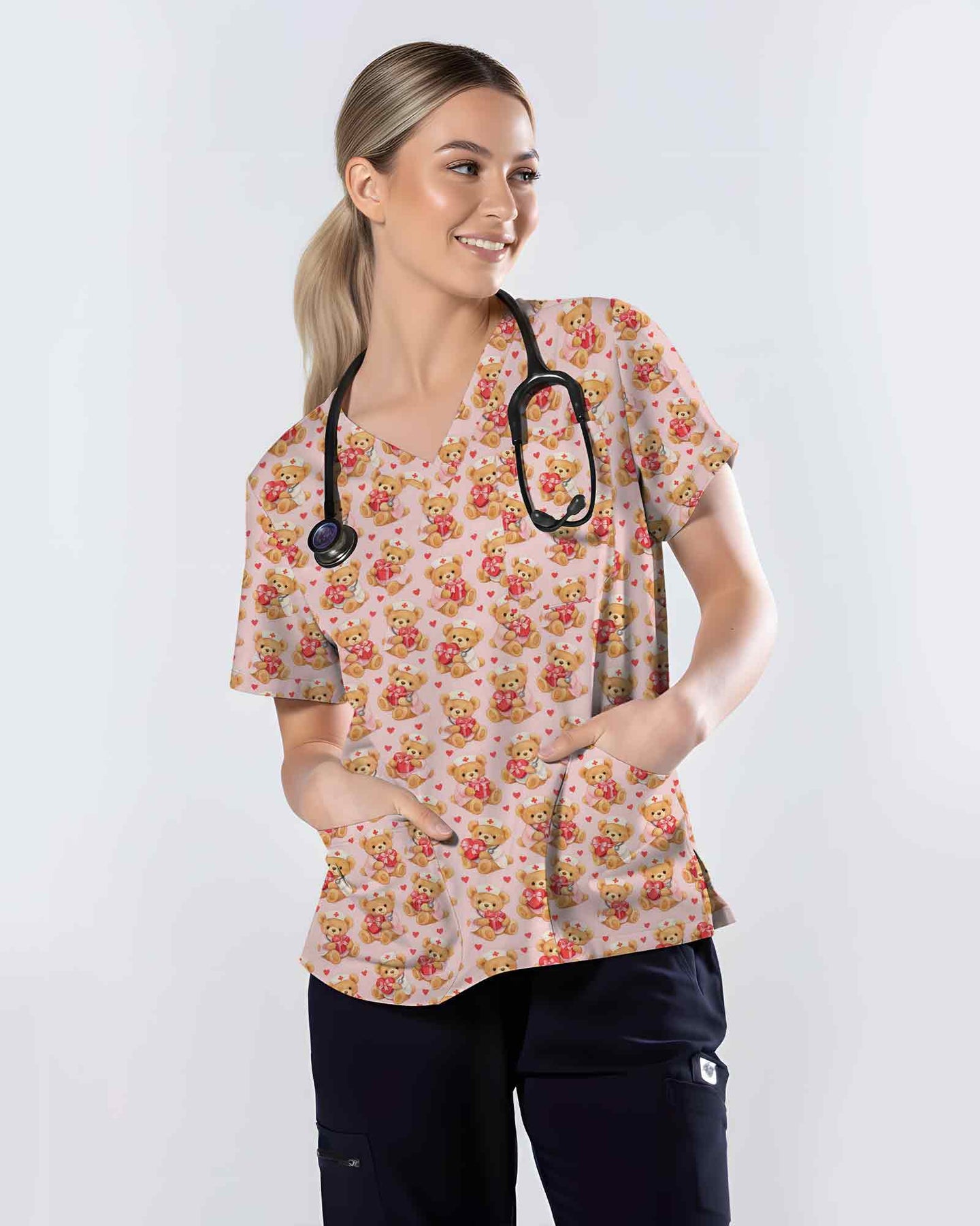 Adorable Teddy Bear Nurse Valentine Scrub Top - Scrubloop