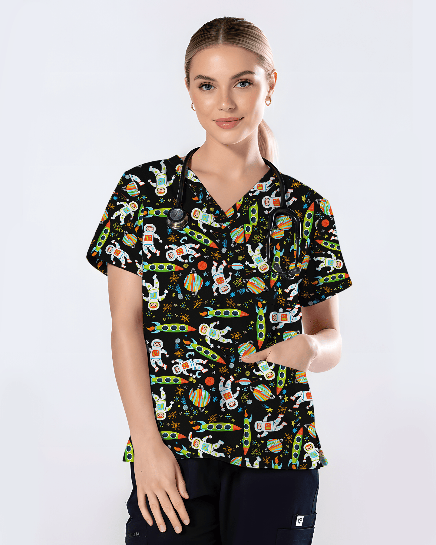 Astronaut Dreams Medical Women Scrub Top - Scrubloop