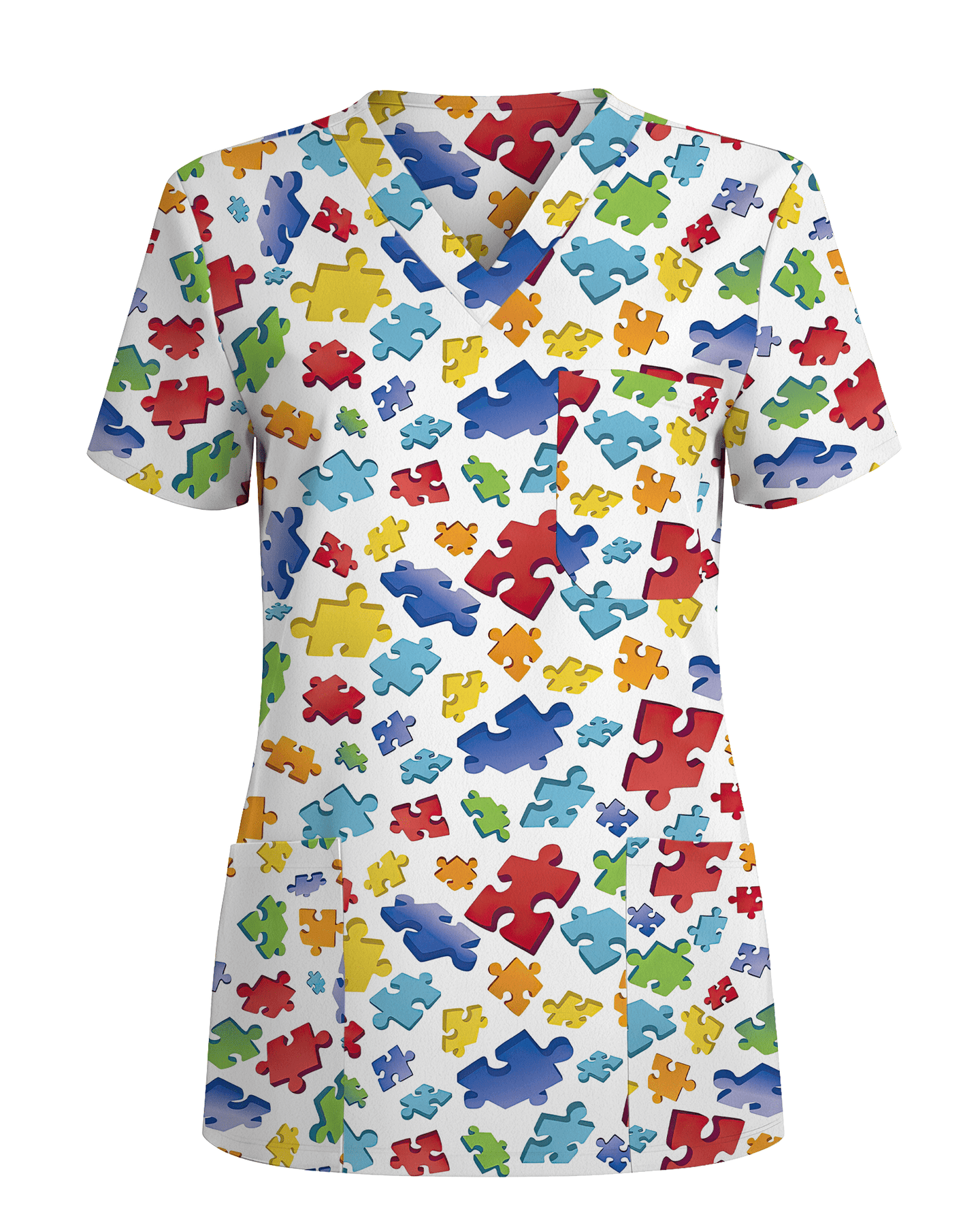 Autism Awareness 3D Puzzle Piece Nurse Scrub Top - Scrubloop