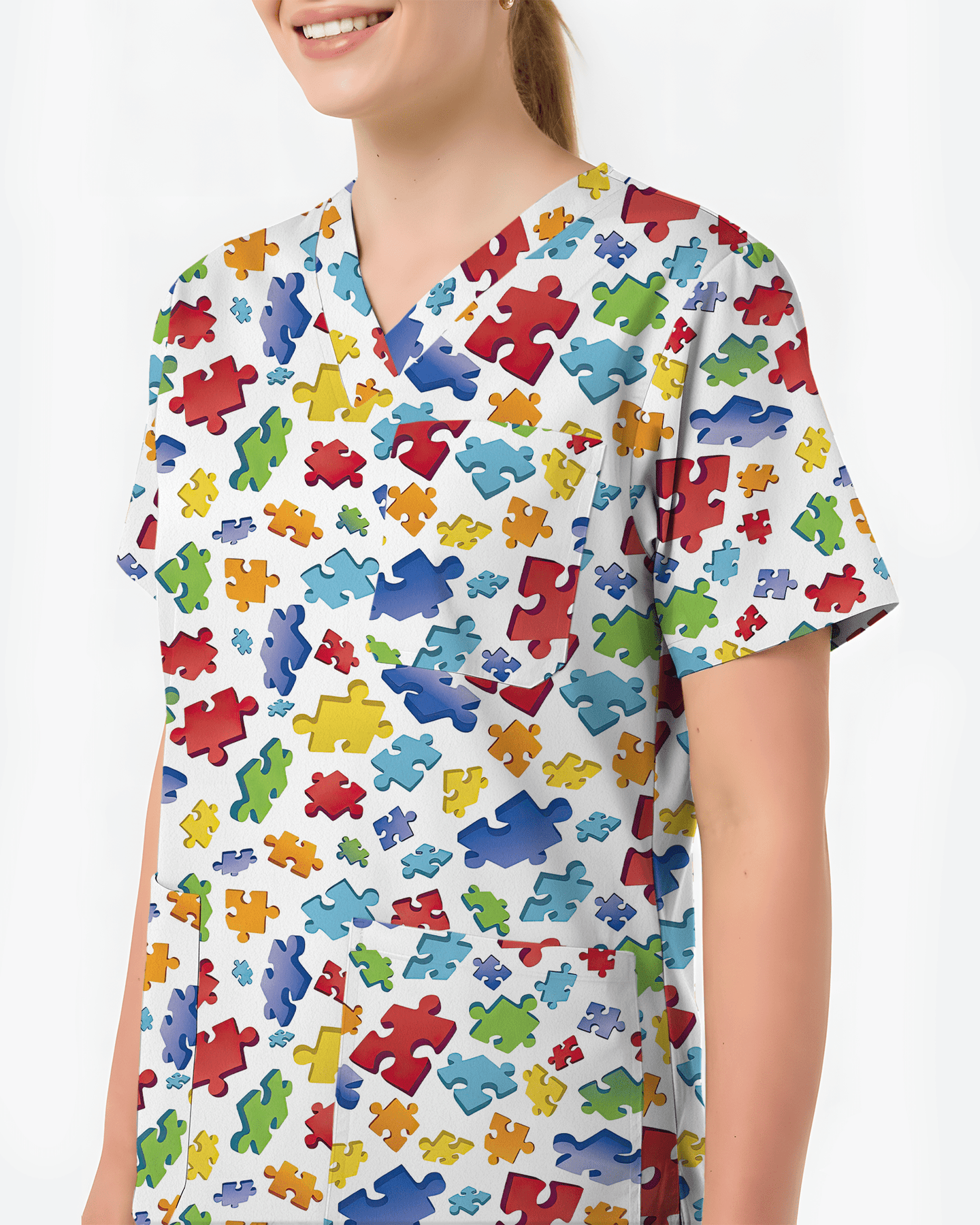Autism Awareness 3D Puzzle Piece Nurse Scrub Top - Scrubloop