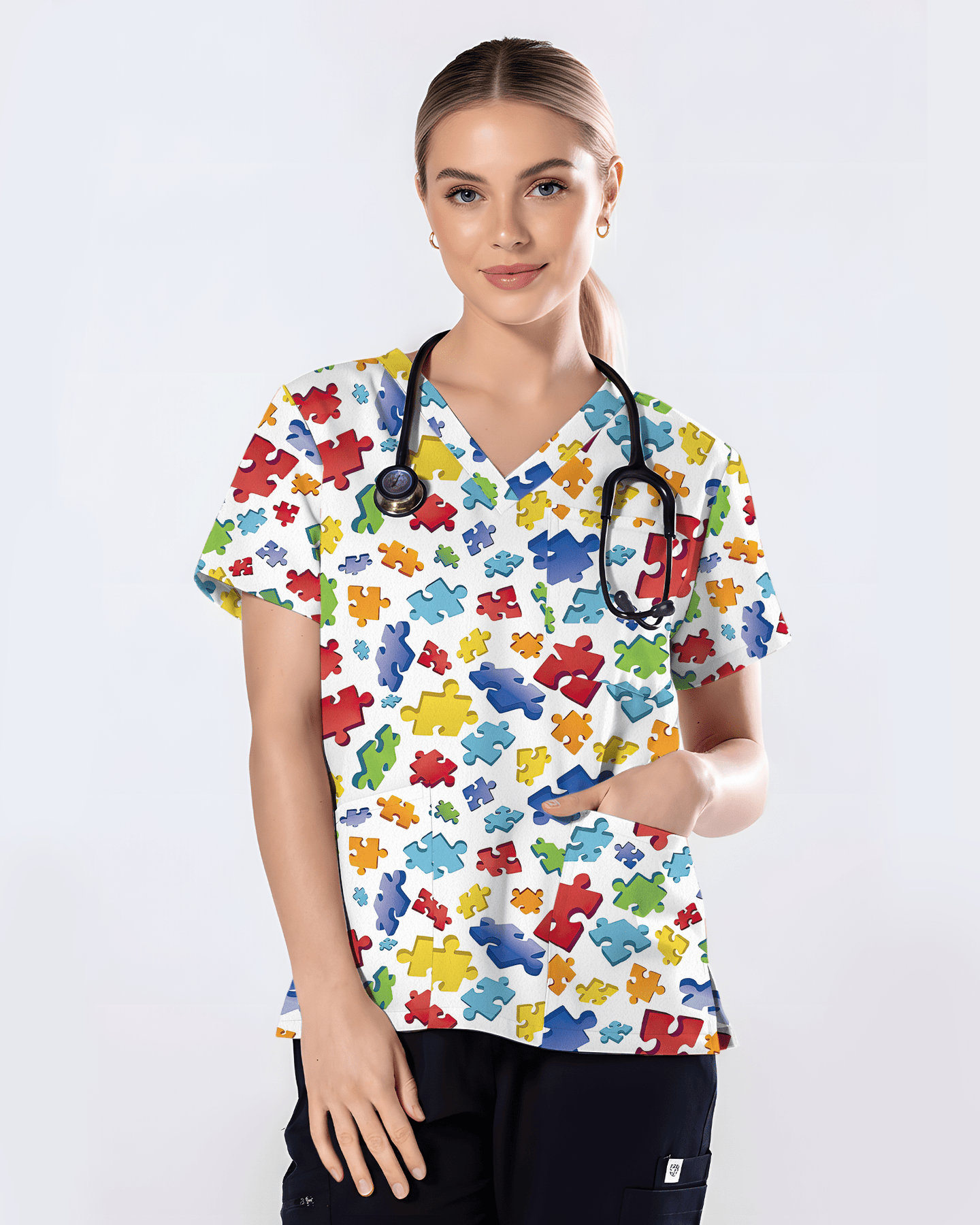Autism Awareness 3D Puzzle Piece Nurse Scrub Top - Scrubloop