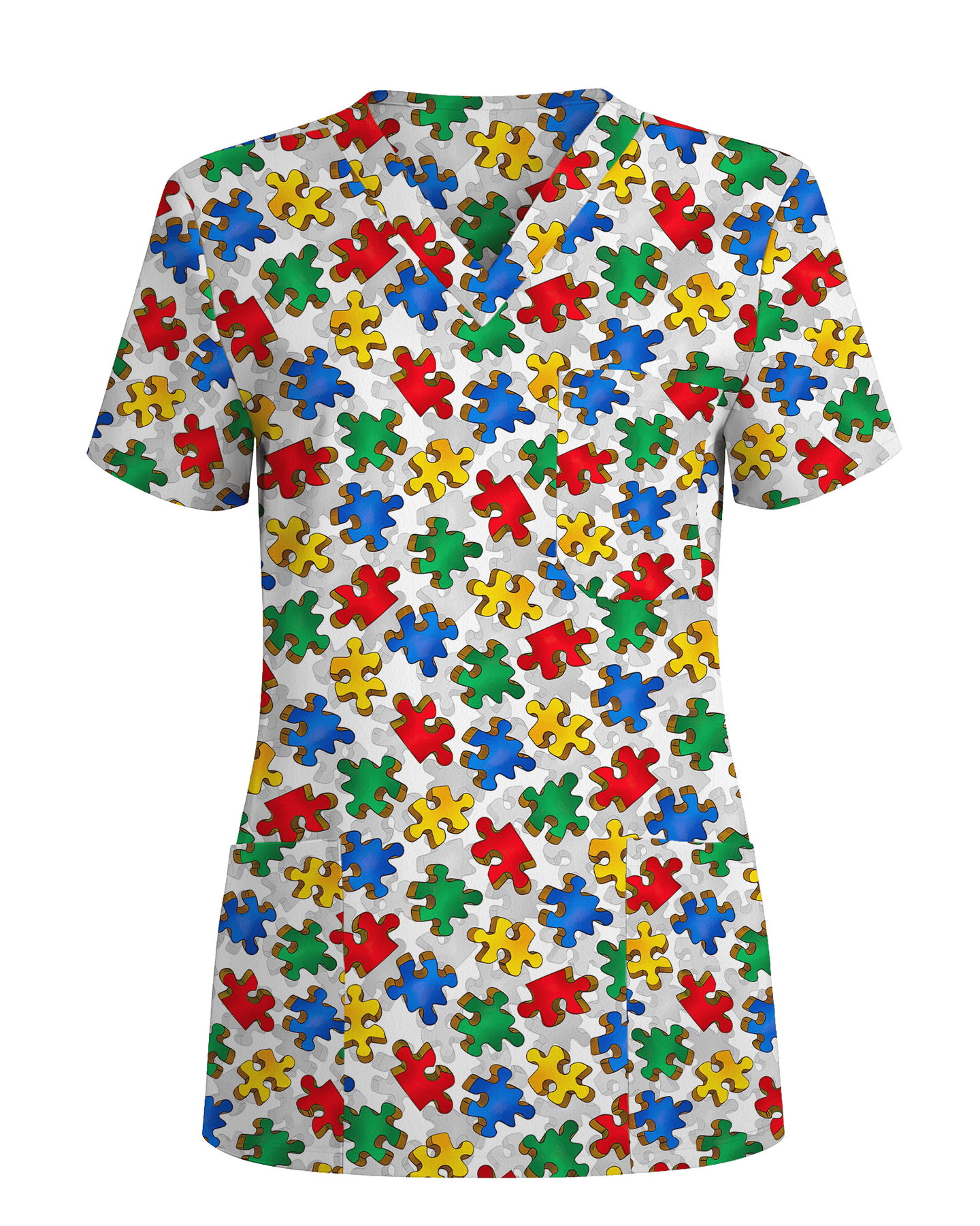 Autism Awareness Colorful Puzzle Piece Nurse Scrub Top - Scrubloop