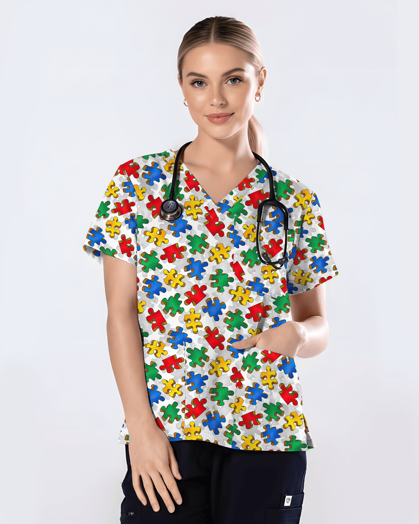 Autism Awareness Colorful Puzzle Piece Nurse Scrub Top - Scrubloop
