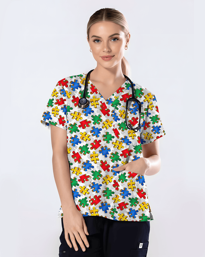 Autism Awareness Colorful Puzzle Piece Nurse Scrub Top