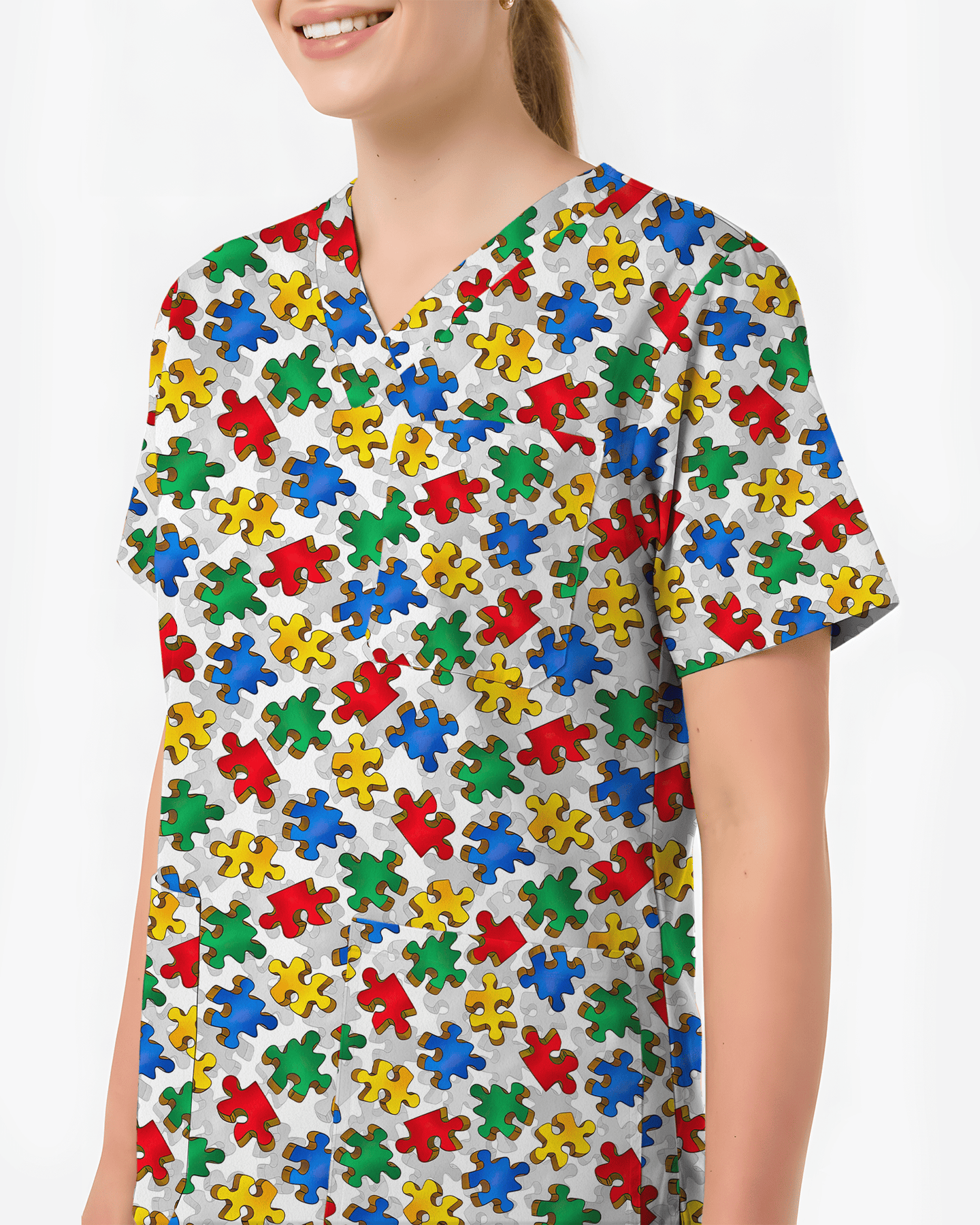 Autism Awareness Colorful Puzzle Piece Nurse Scrub Top - Scrubloop