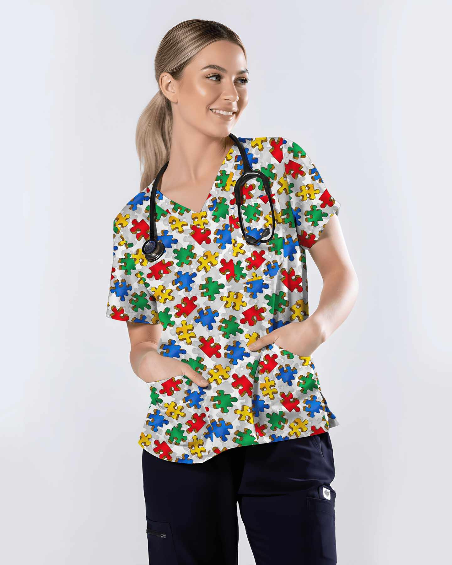 Autism Awareness Colorful Puzzle Piece Nurse Scrub Top - Scrubloop