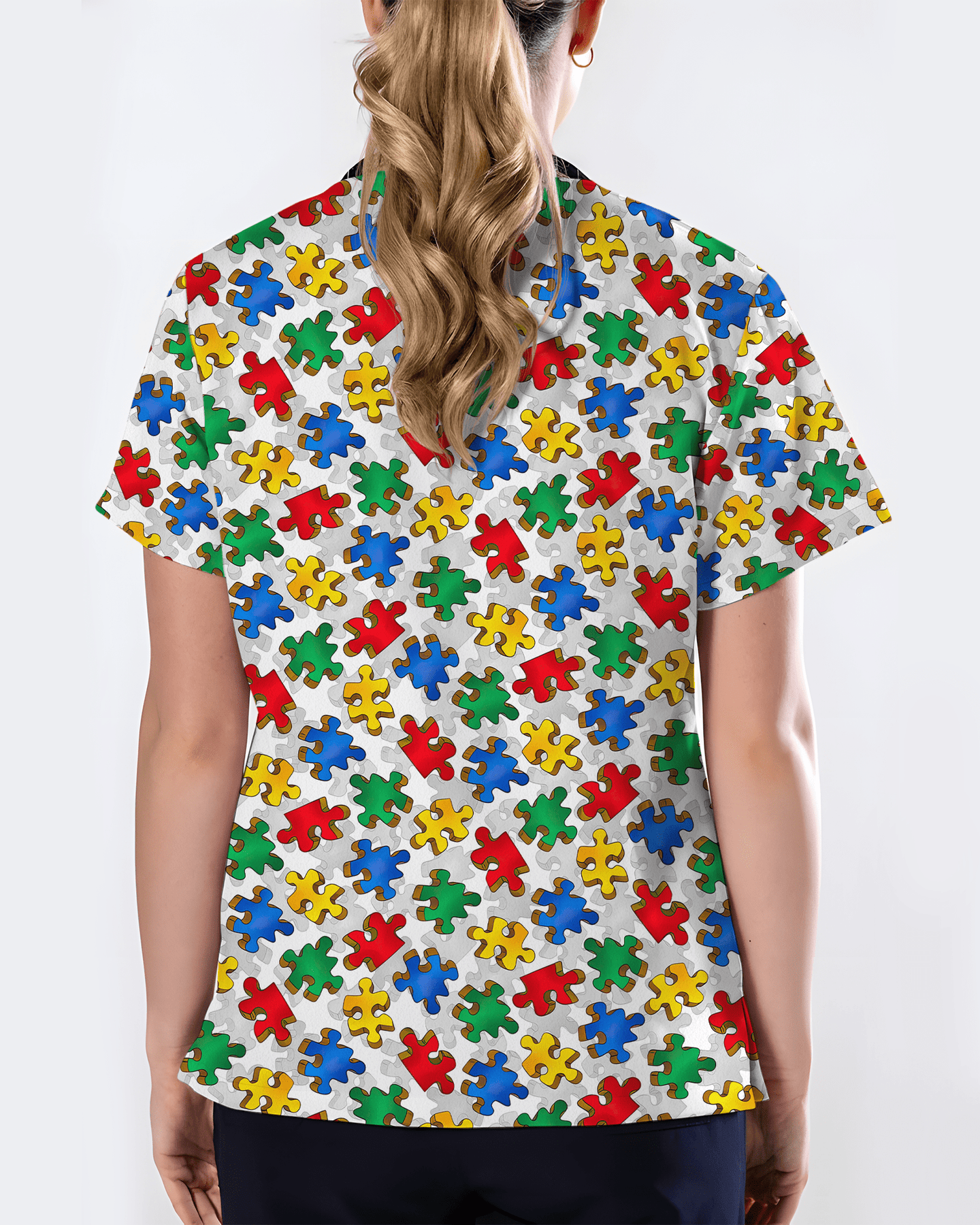 Autism Awareness Colorful Puzzle Piece Nurse Scrub Top - Scrubloop