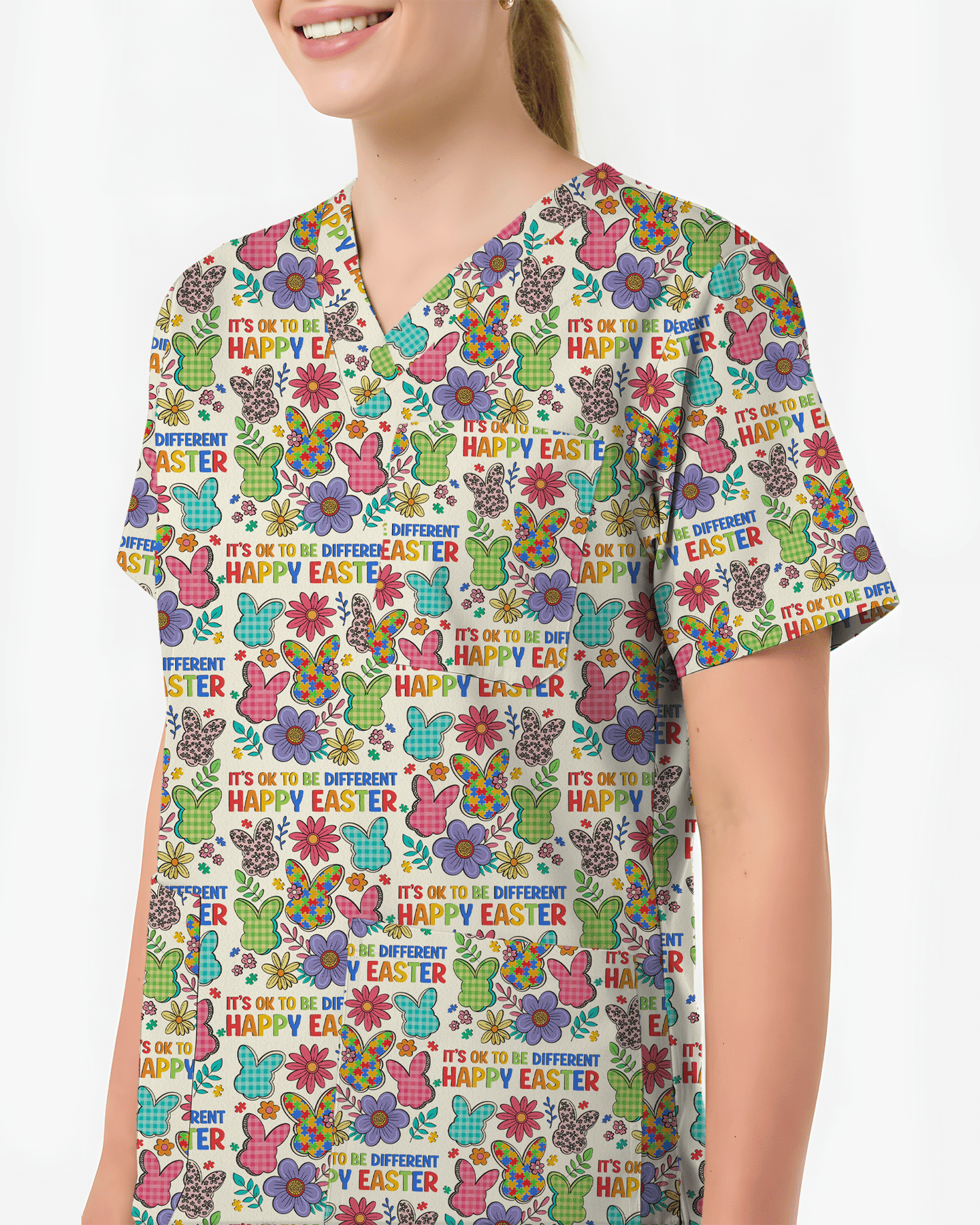 Autism Awareness Easter Bunny Cute Nurse Scrub Top - Scrubloop