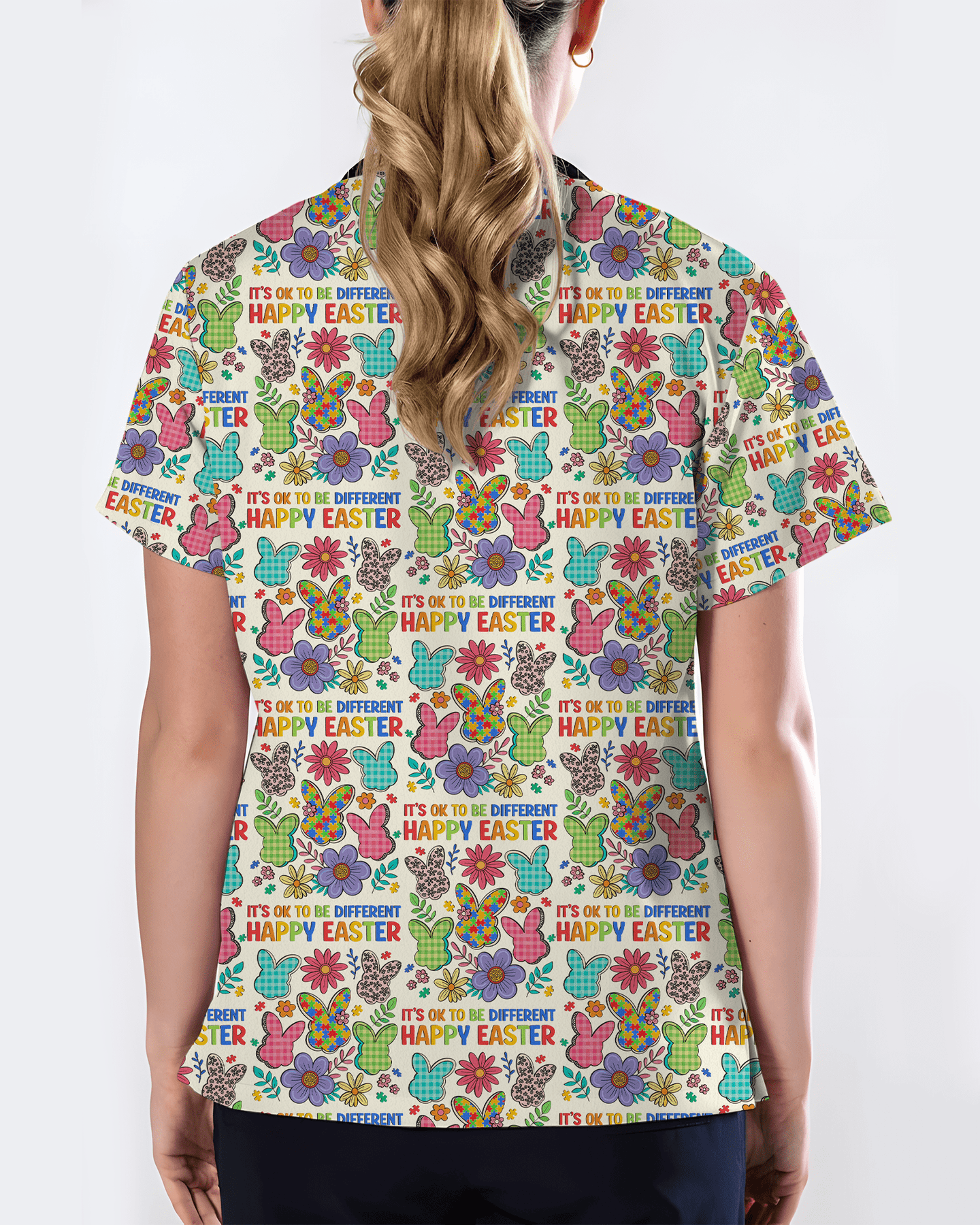 Autism Awareness Easter Bunny Cute Nurse Scrub Top - Scrubloop