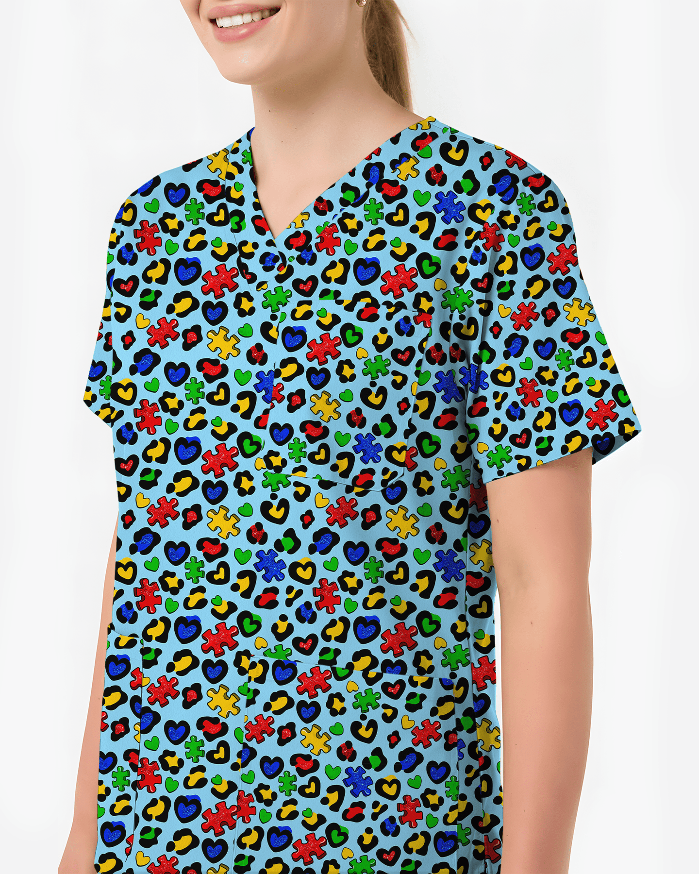 Autism Awareness Leopard Puzzle Piece Nurse Scrub Top - Scrubloop