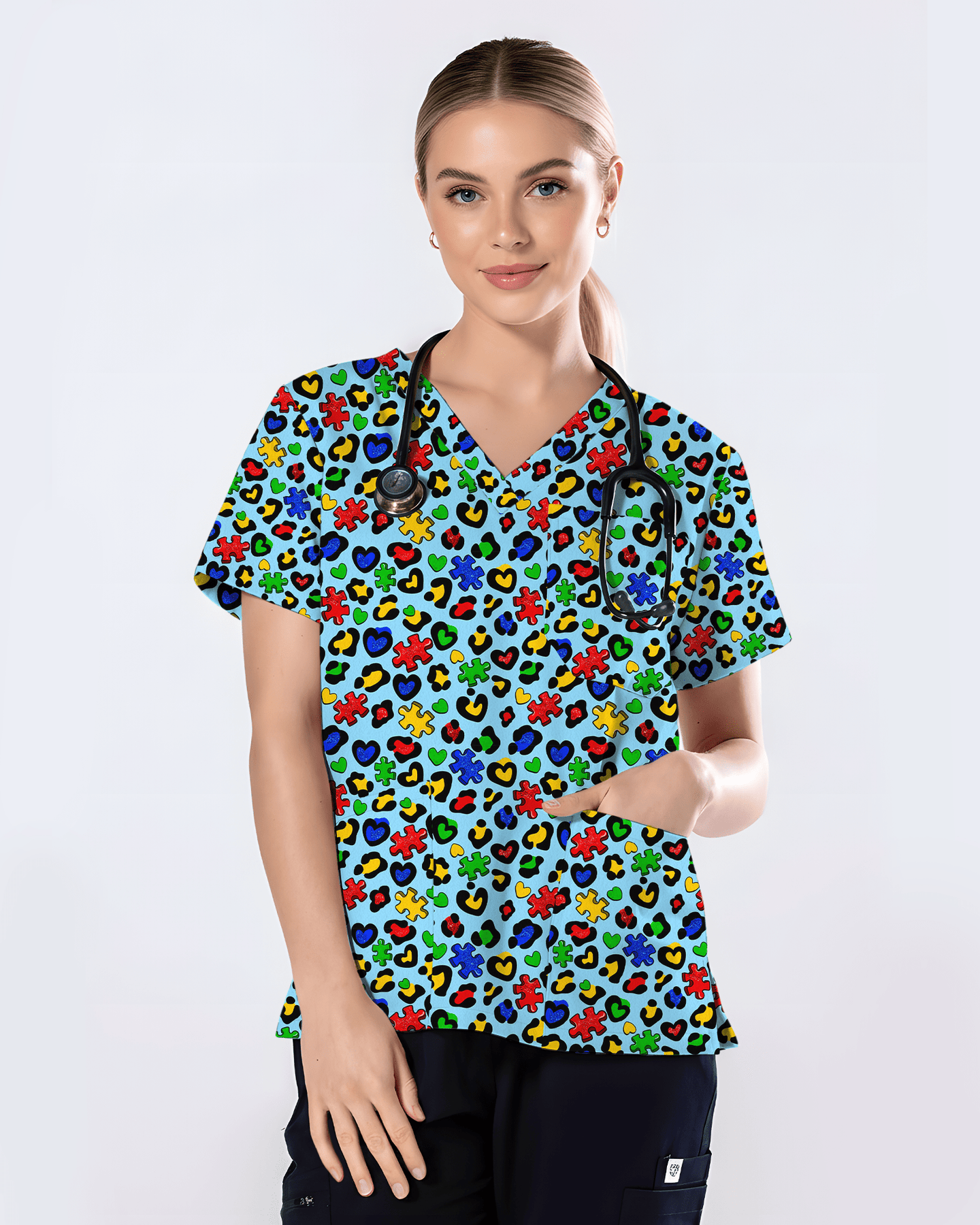 Autism Awareness Leopard Puzzle Piece Nurse Scrub Top - Scrubloop