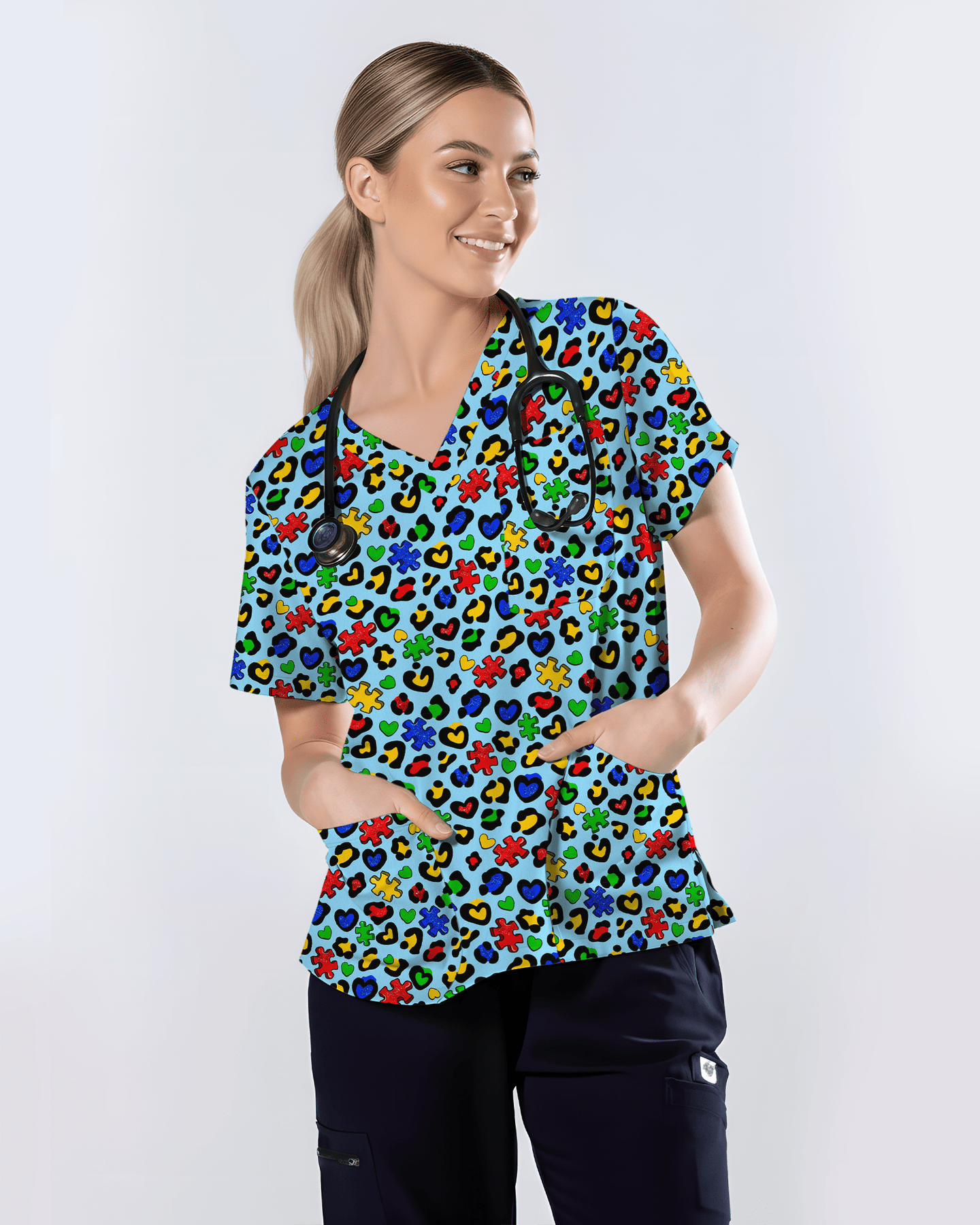 Autism Awareness Leopard Puzzle Piece Nurse Scrub Top - Scrubloop