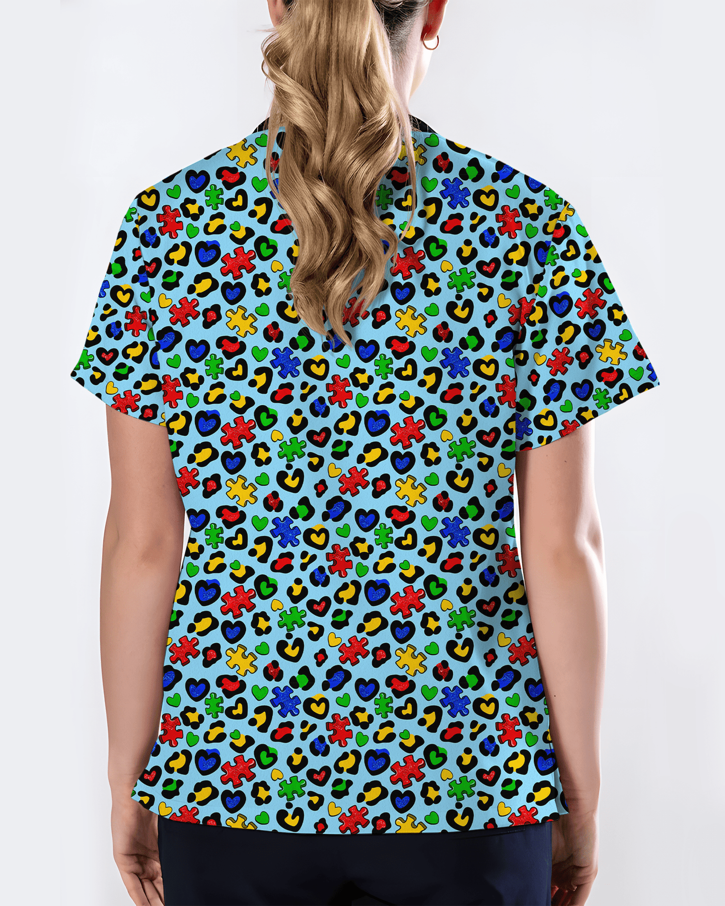 Autism Awareness Leopard Puzzle Piece Nurse Scrub Top - Scrubloop