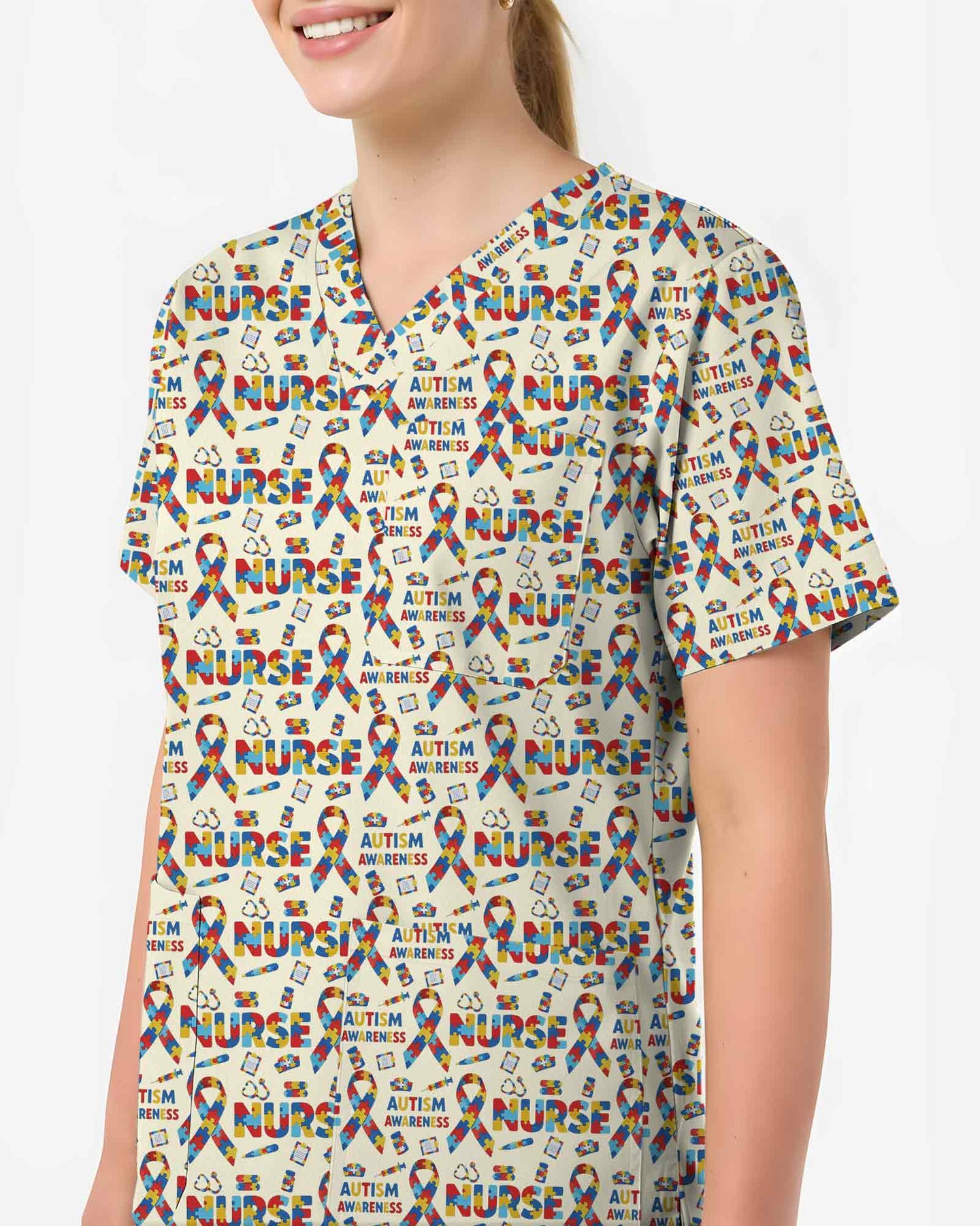 Autism Awareness Puzzle Piece Nurse Scrub Top - Scrubloop