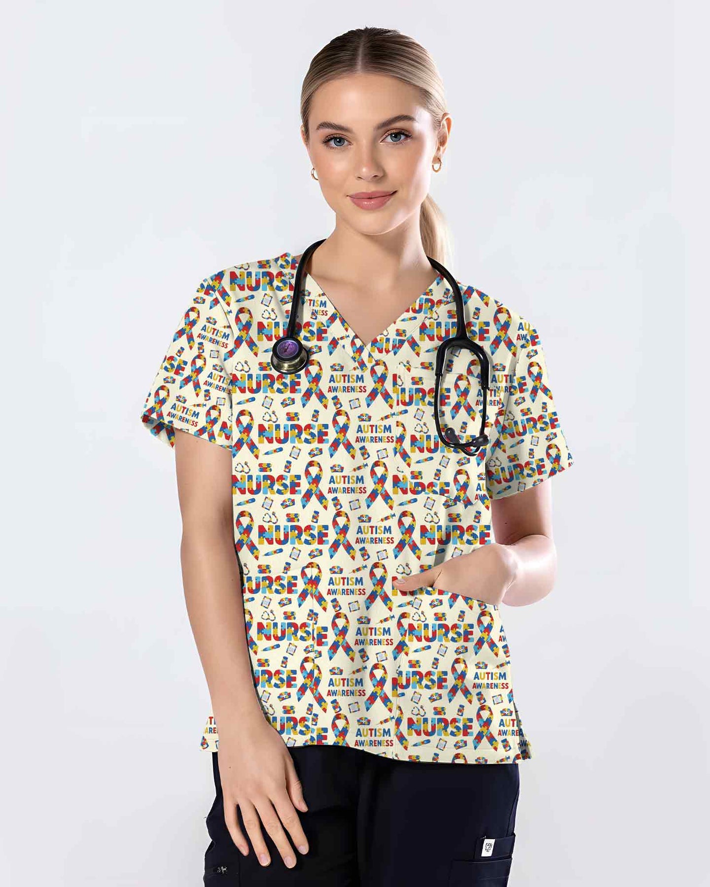 Autism Awareness Puzzle Piece Nurse Scrub Top - Scrubloop
