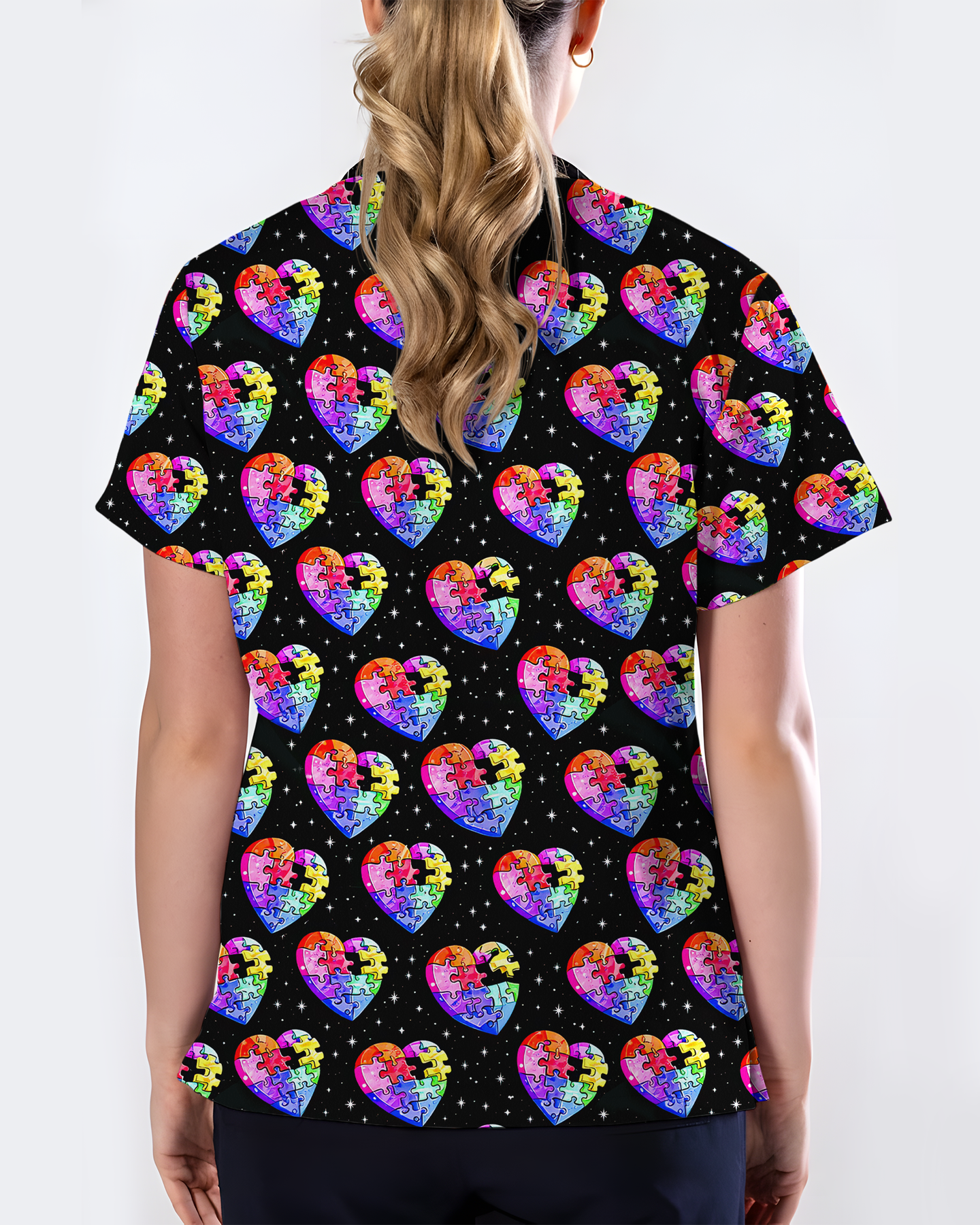 Autism Awareness Rainbow Puzzle Heart Nurse Scrub Top - Scrubloop
