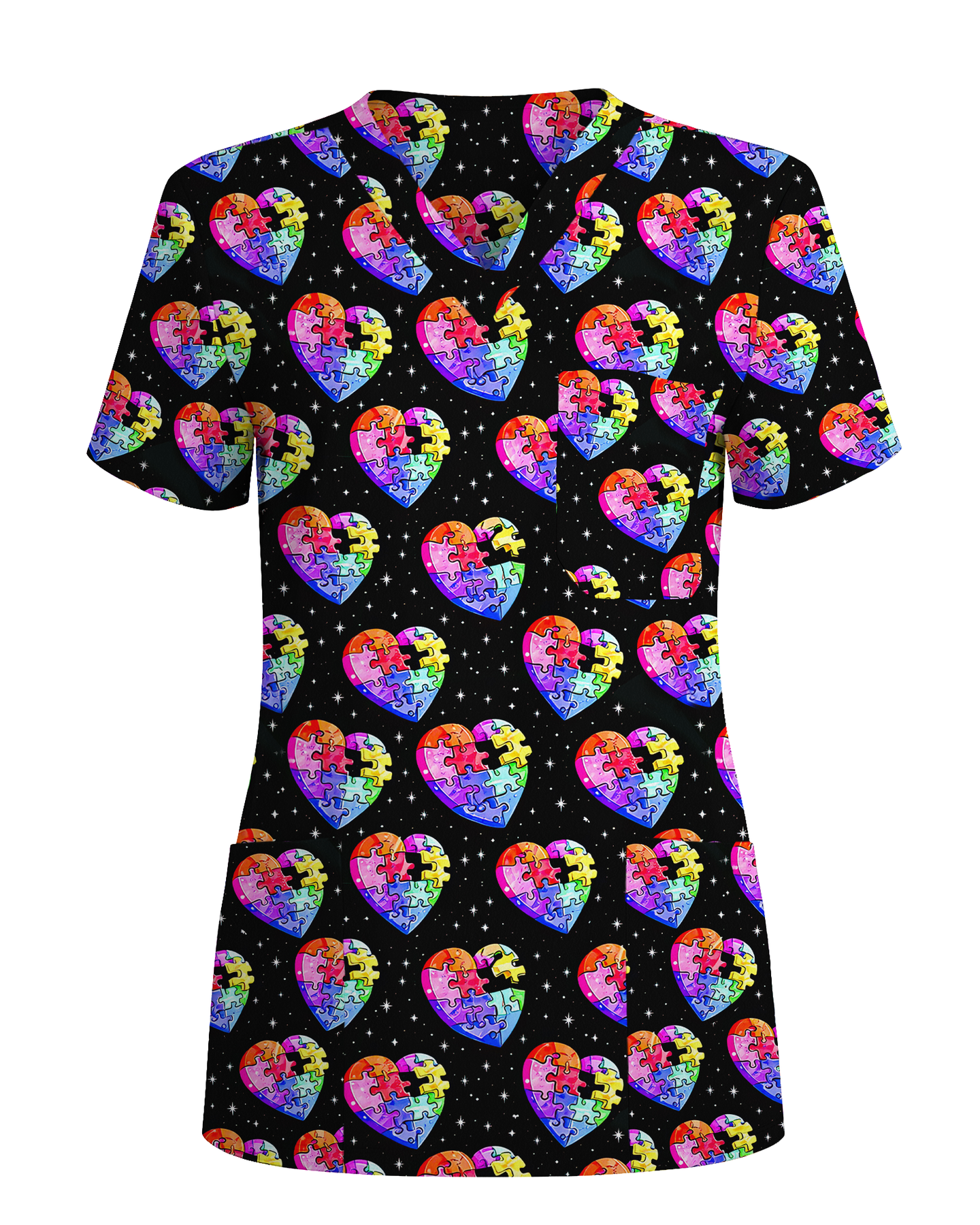 Autism Awareness Rainbow Puzzle Heart Nurse Scrub Top - Scrubloop