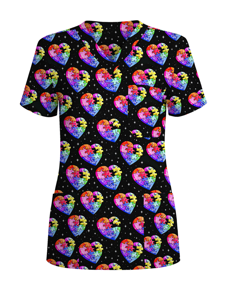 Autism Awareness Rainbow Puzzle Heart Nurse Scrub Top