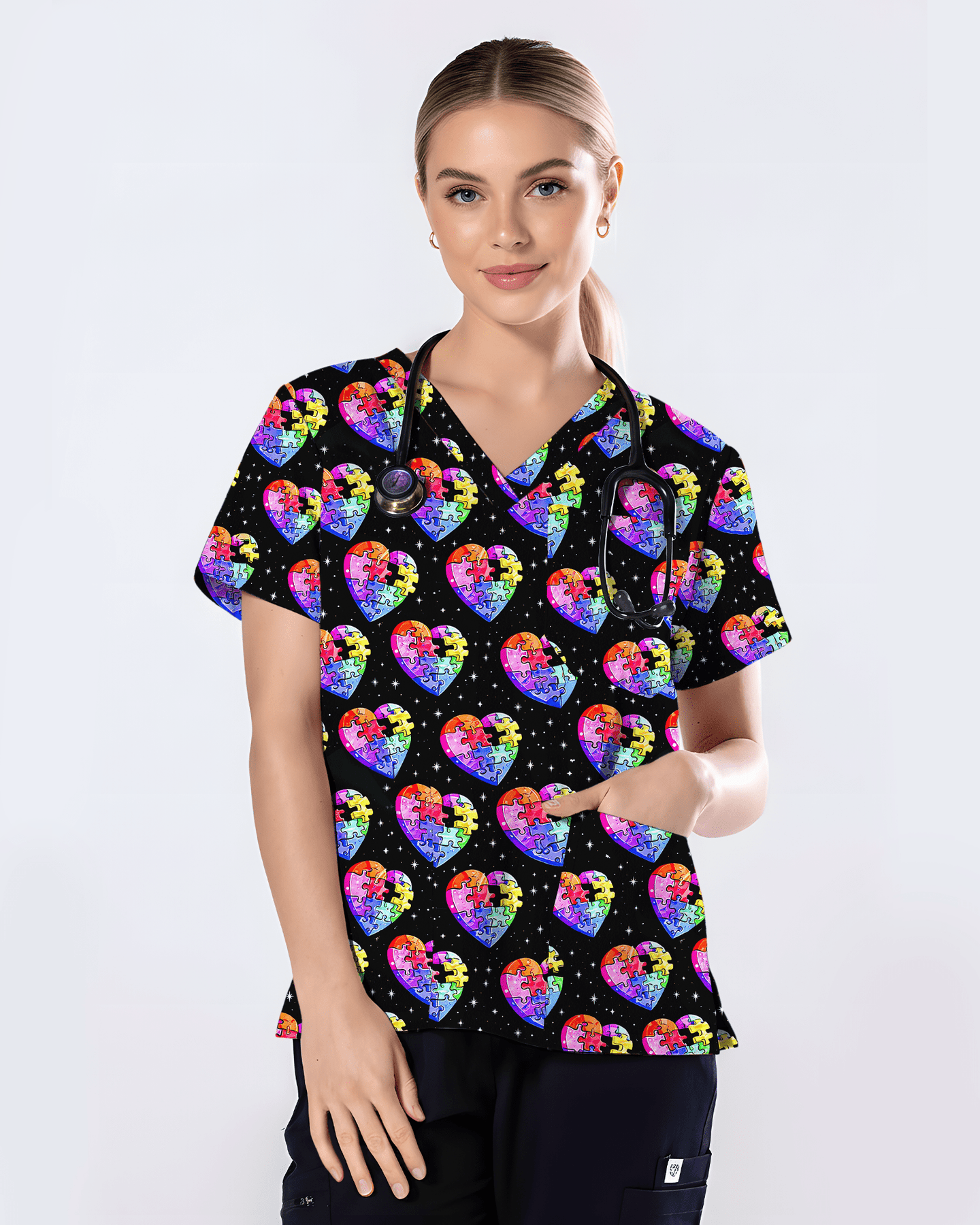 Autism Awareness Rainbow Puzzle Heart Nurse Scrub Top - Scrubloop