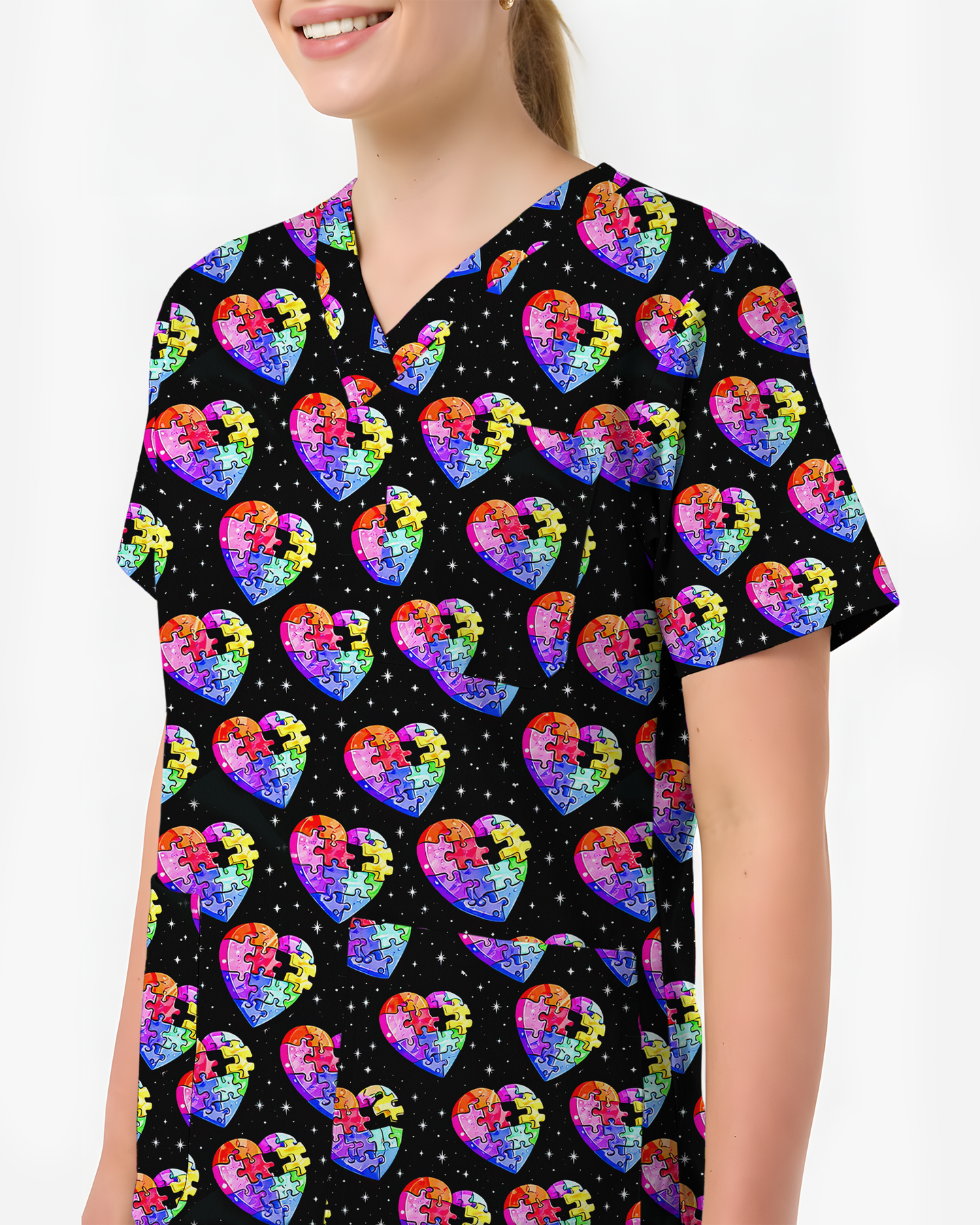 Autism Awareness Rainbow Puzzle Heart Nurse Scrub Top - Scrubloop