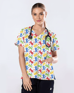 Autism Awareness Ribbon & Handprint Nurse Scrub Top - Scrubloop