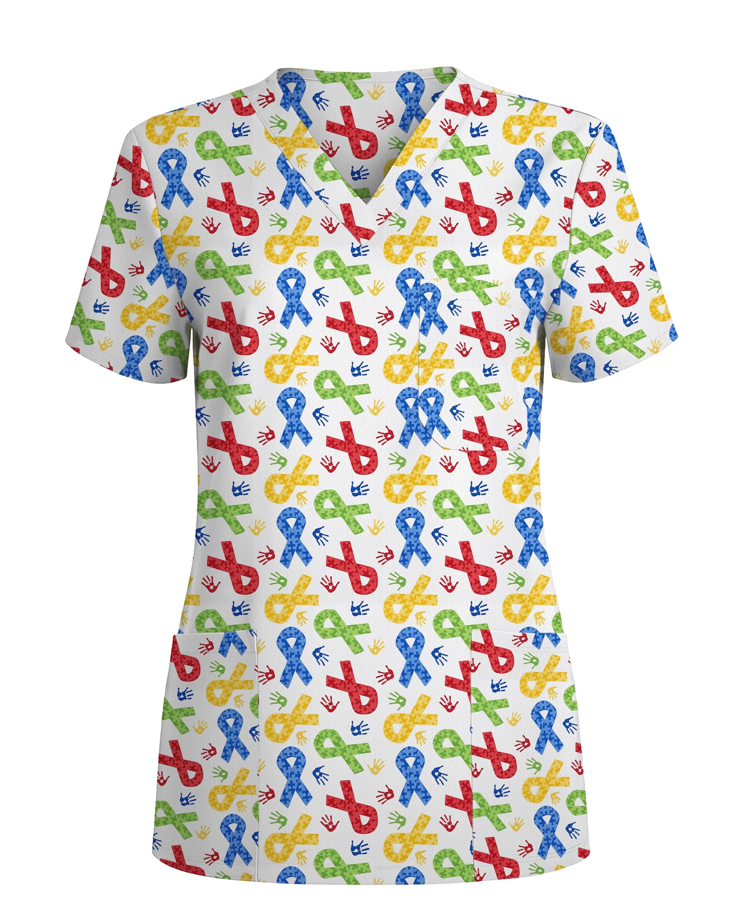 Autism Awareness Ribbon & Handprint Nurse Scrub Top - Scrubloop
