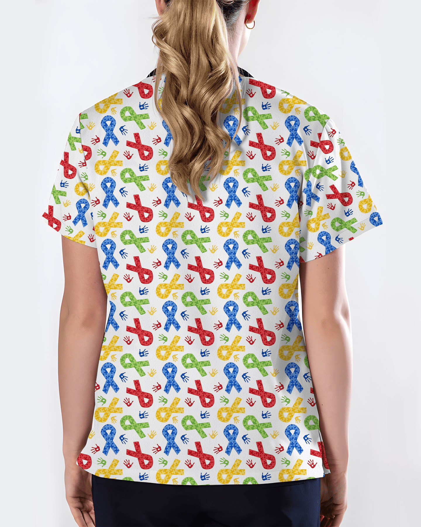 Autism Awareness Ribbon & Handprint Nurse Scrub Top - Scrubloop